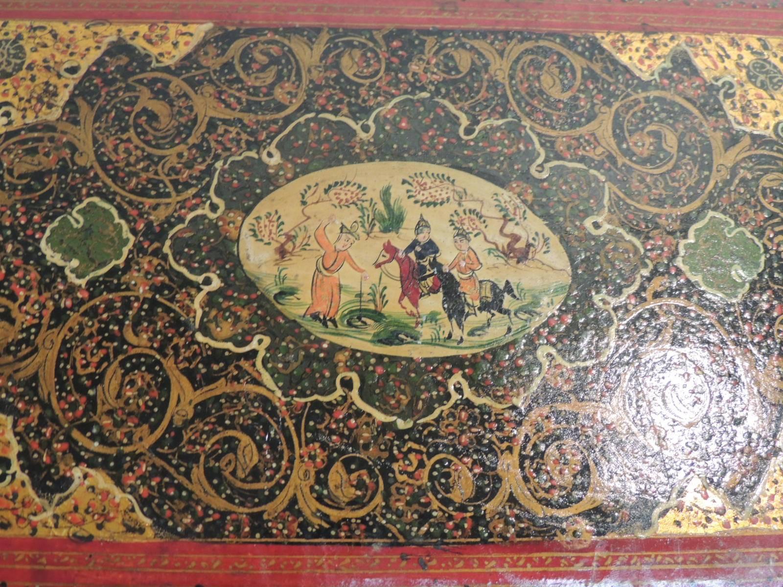 Antique Asian Lacquered and Hand Painted Photo Album. Depicting pastoral scene in the center and scrolling vines and flowers in gold, red and black all around. The photo album is finished on both sides.
Board loose sleeves and wax paper