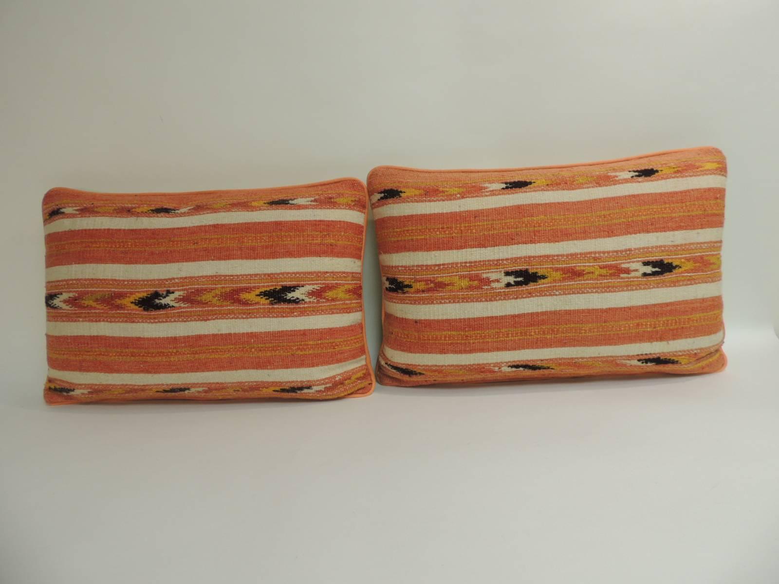 Pair of 19th Century Orange and Yellow Turkish Woven Lumbar Decorative Pillows with yellow textured linen backings and custom ATG welt.  Antique decorative throw pillows hand-made and design in the U.S.A.  Decorative lumbar pillows hand-crafted with