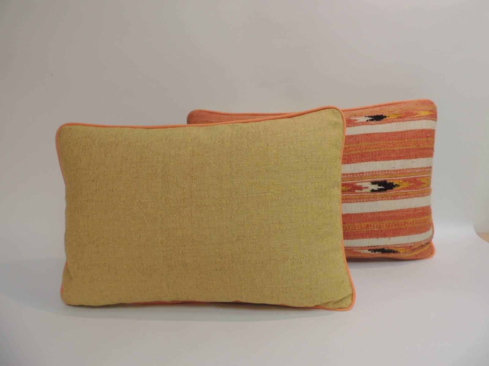 Moorish Pair of 19th Century Orange and Yellow Turkish Woven Lumbar Decorative Pillows