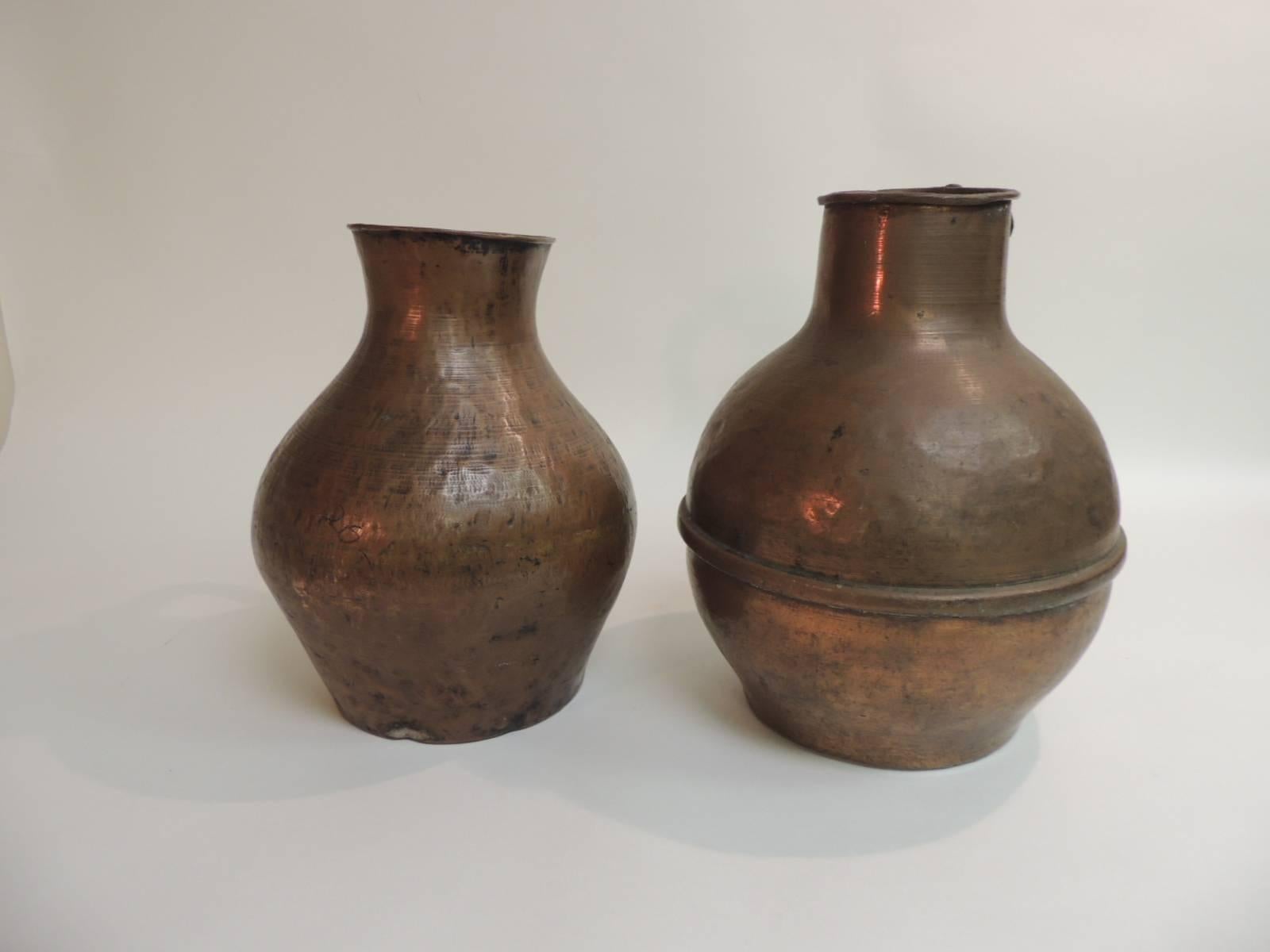 Moorish Pair of Heavy Patina Persian Copper Water Jugs with Handles