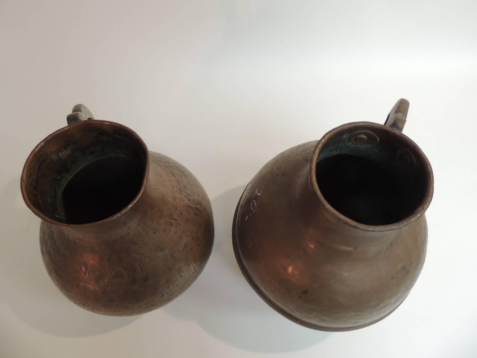 Hand-Crafted Pair of Heavy Patina Persian Copper Water Jugs with Handles
