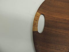 Vintage Rattan and Wood Round Danish Serving Tray with Rattan Handles