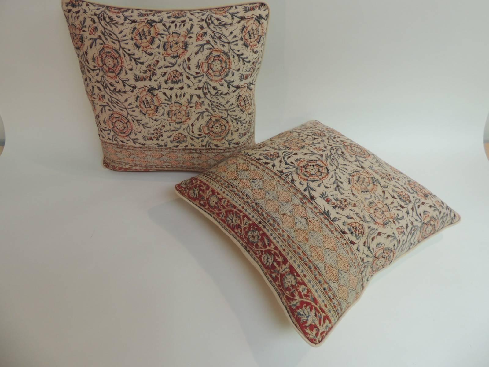 Hand-Crafted Pair of Antique Indian Kalamkari Hand-Blocked Floral Decorative Pillows