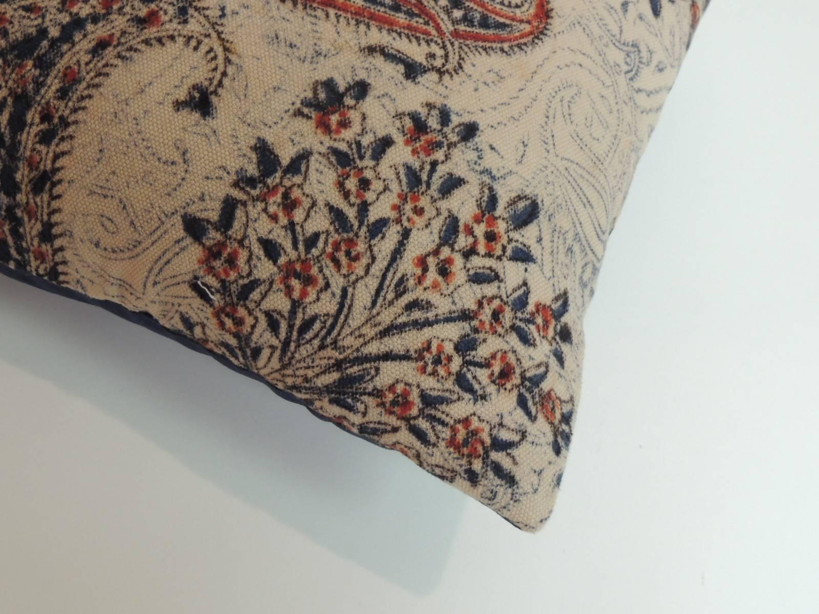 Moorish Antique Indian Kalamkari Hand-Blocked Stylized Paisley Decorative Lumbar Pillow
