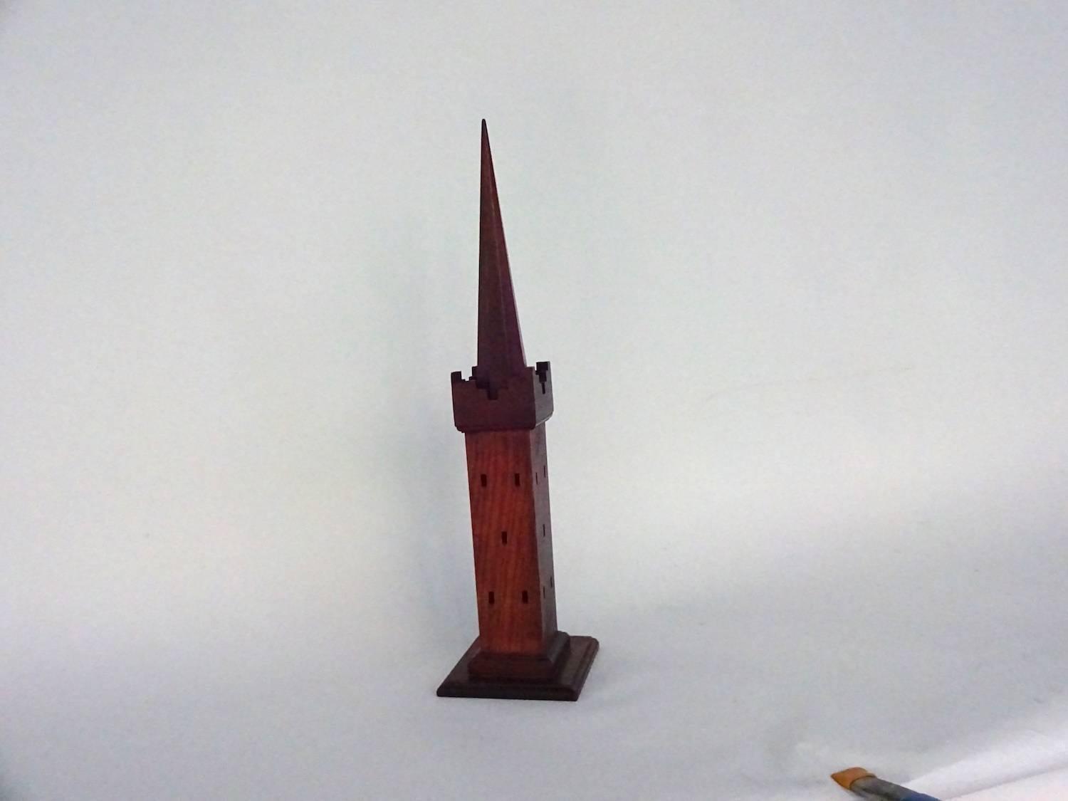 Architectural model. Rapunzel's tower? Could be with this miniature oak tower model with spire. Crenellated walls and all. Nicely finished with a French polish.
Estate item. Molding, on one side, where it could have been attached to a larger piece,