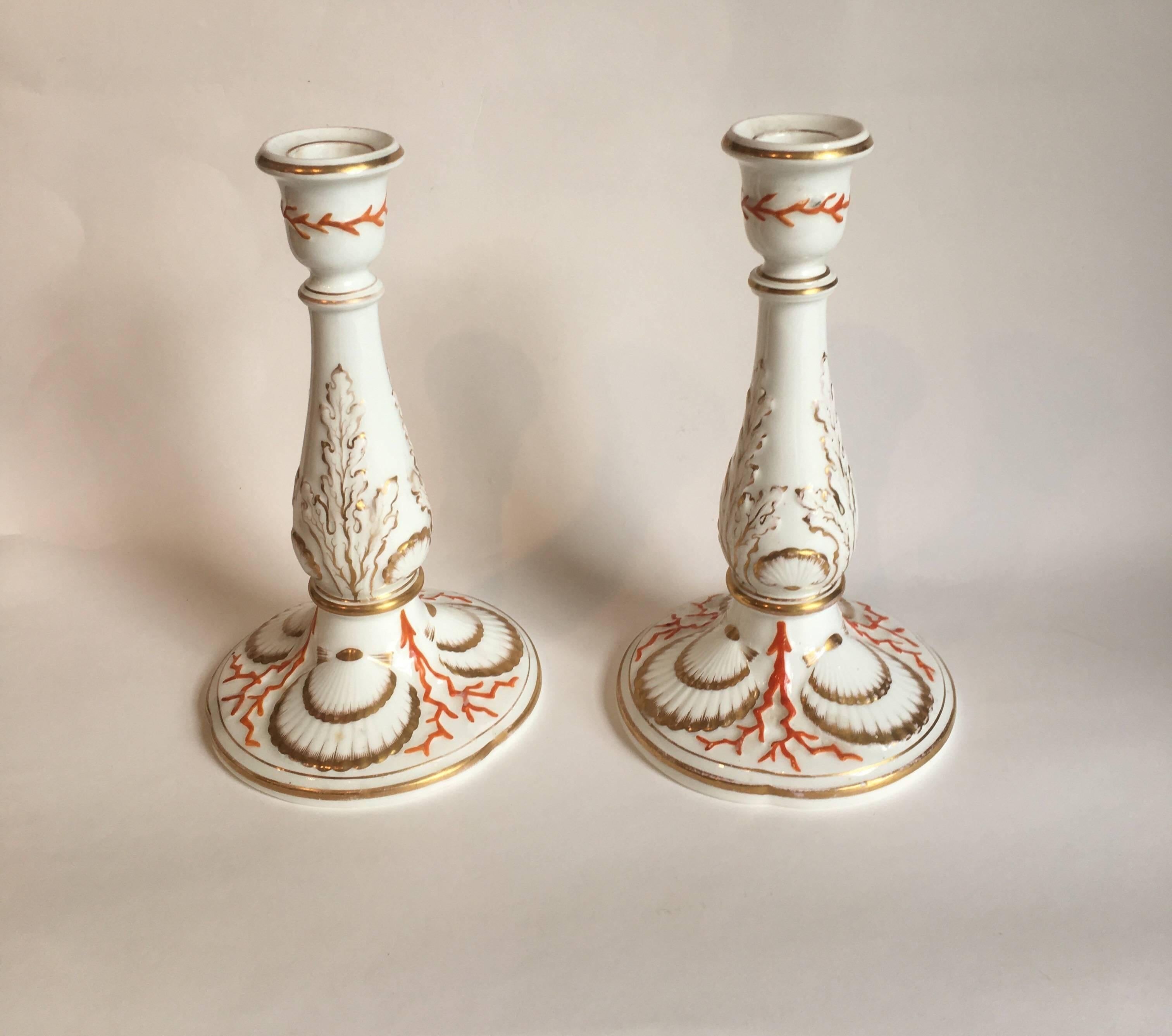 Victorian Porcelain Staffordshire Shell and Coral Form Bough Pots and Candlesticks For Sale
