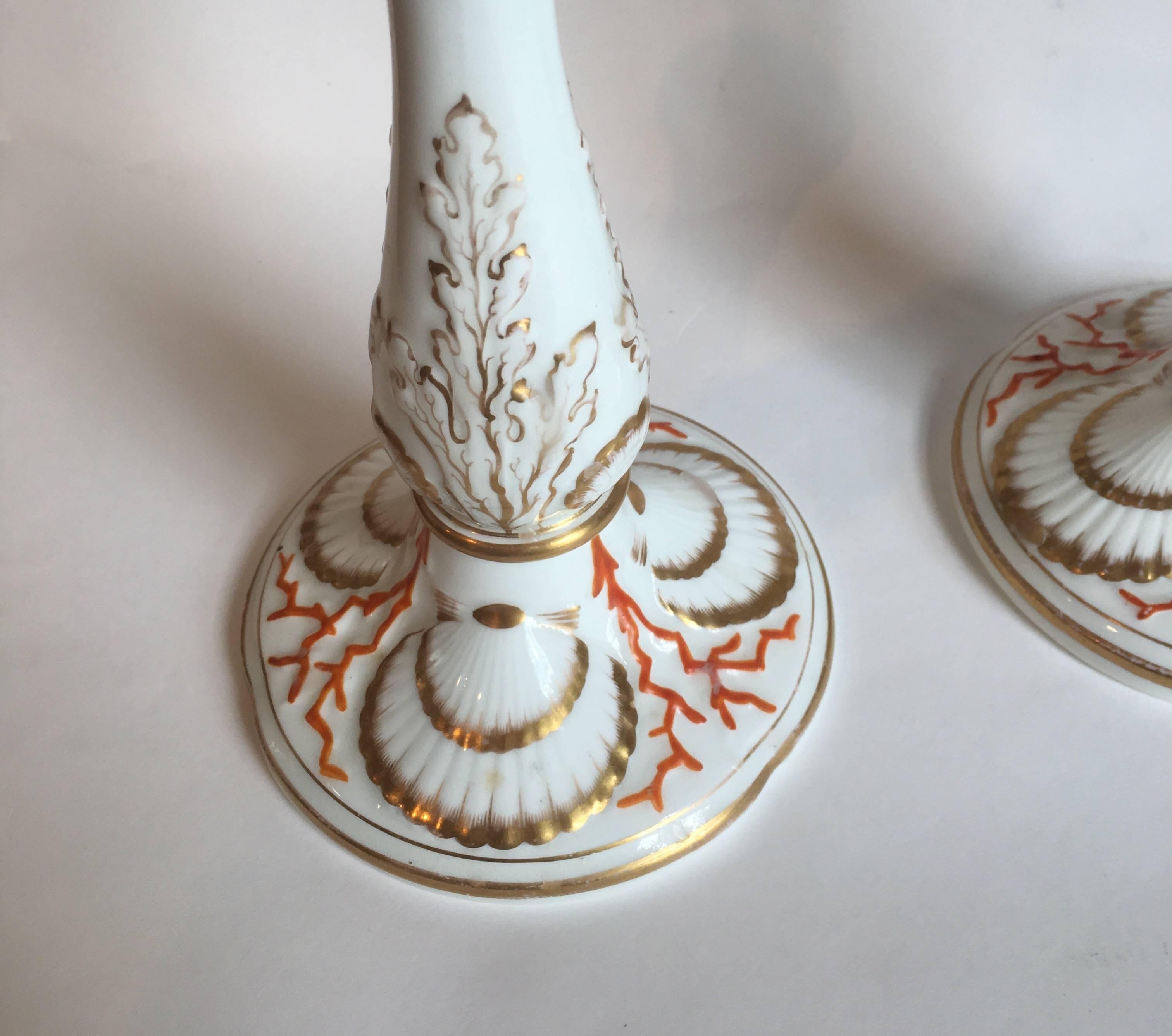 Late 19th Century Porcelain Staffordshire Shell and Coral Form Bough Pots and Candlesticks For Sale