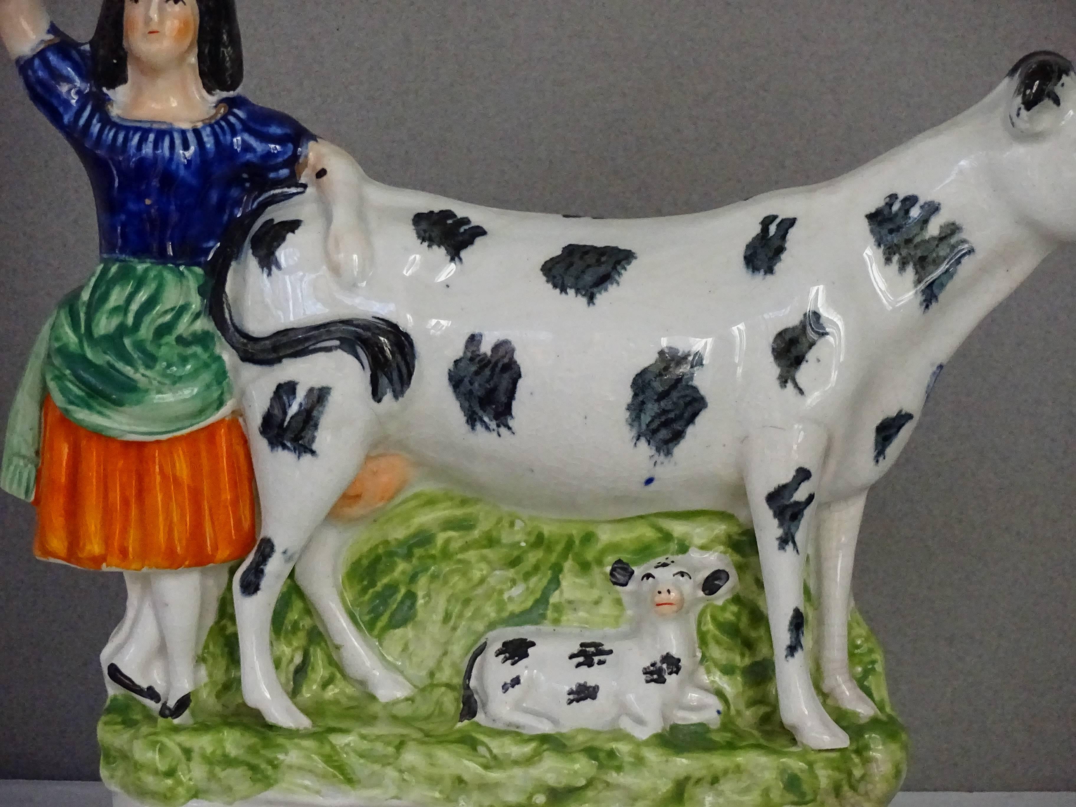 19th Century Staffordshire Milkmaid with Cow and Calf