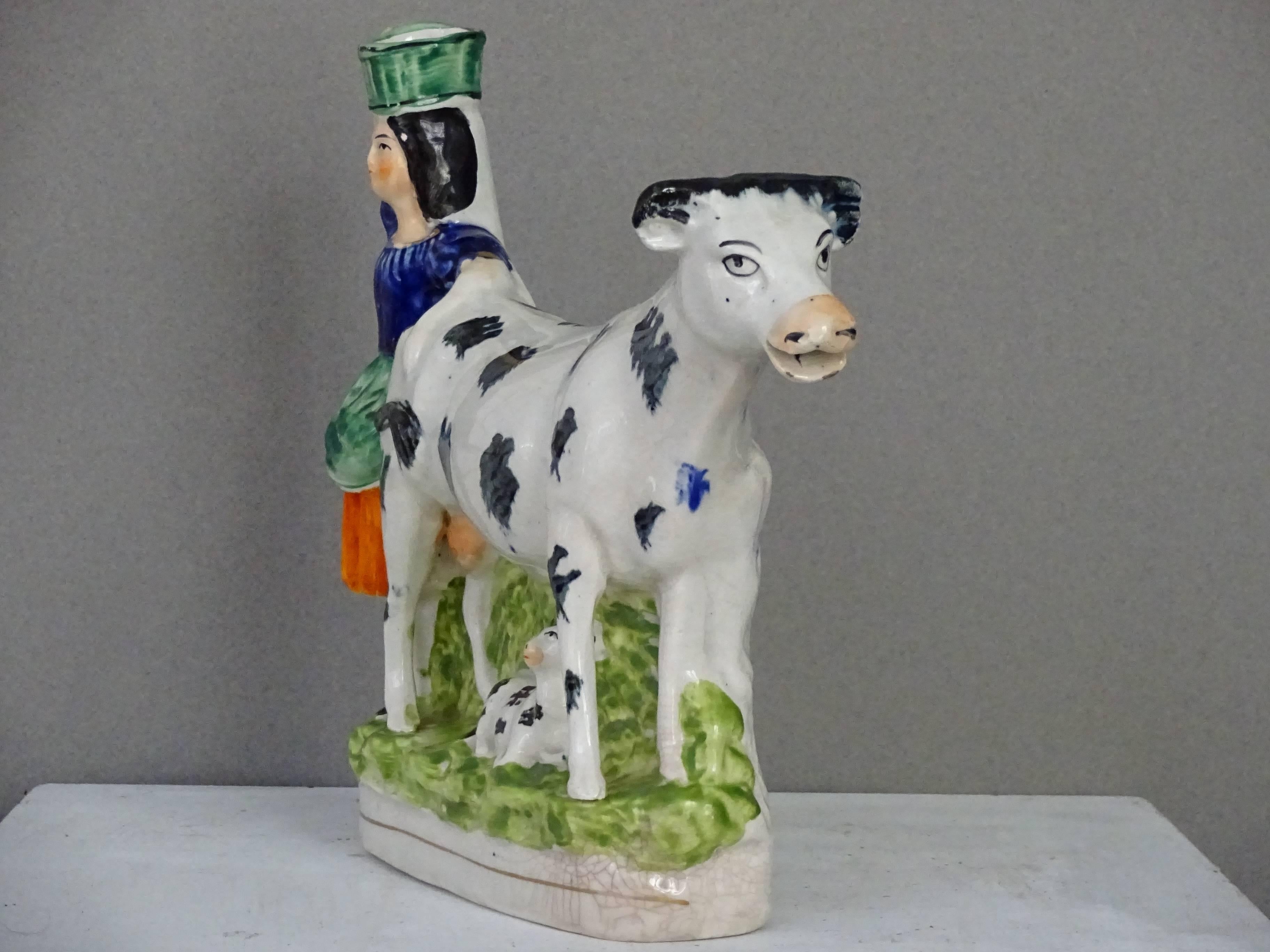 English Staffordshire Milkmaid with Cow and Calf
