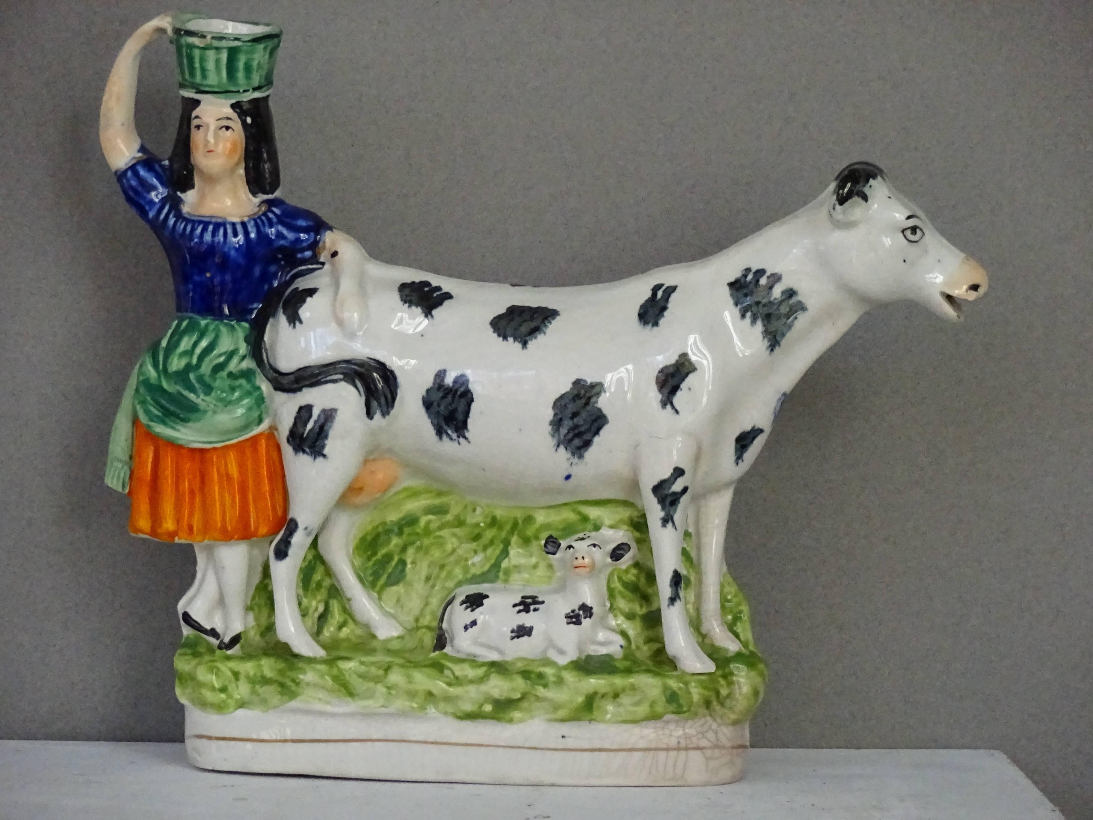 Staffordshire Milkmaid with Cow and Calf In Excellent Condition In Hudson, NY