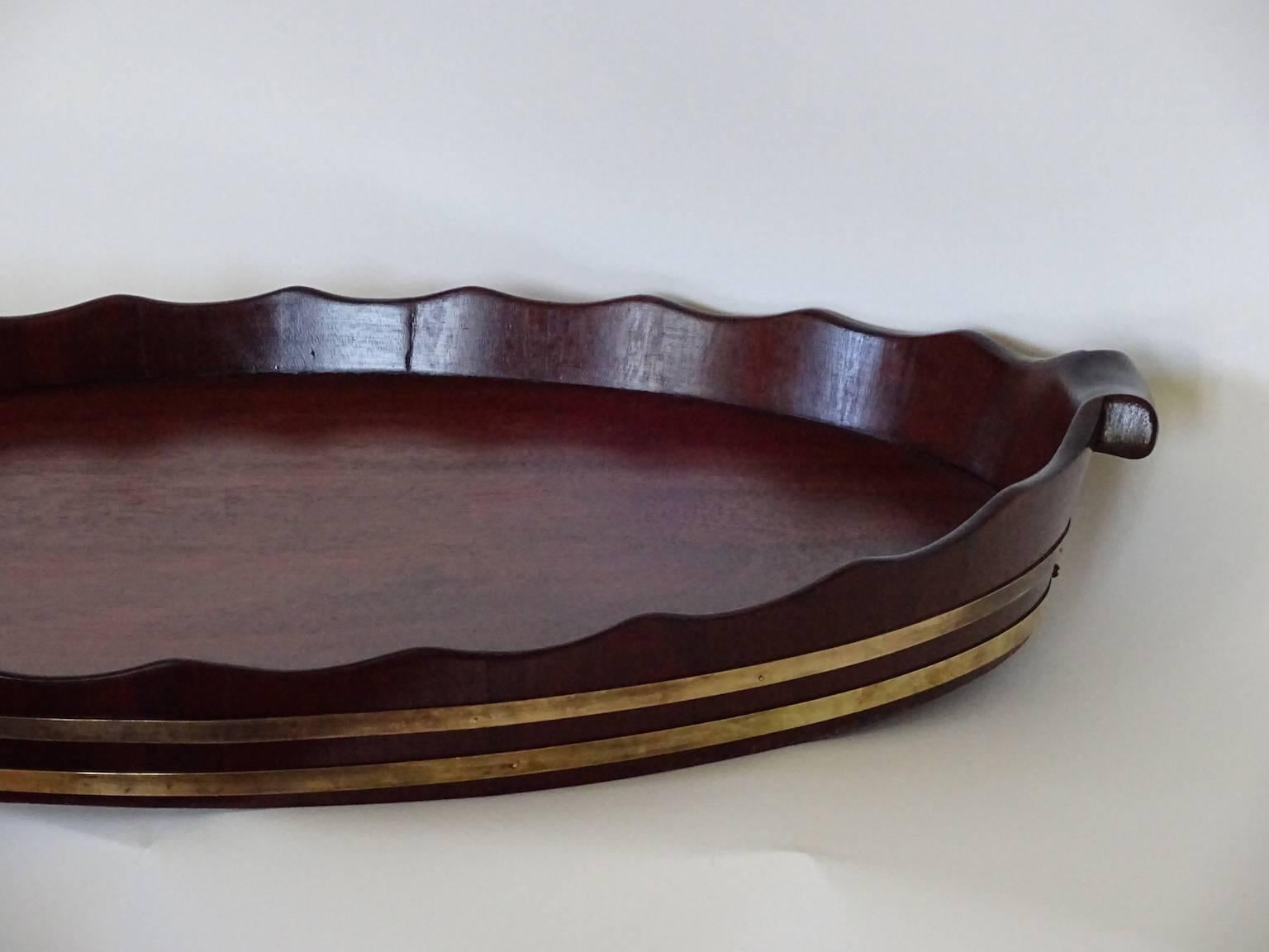 Brass  George III Large Oval Mahogany Tray with Fluted Edge For Sale