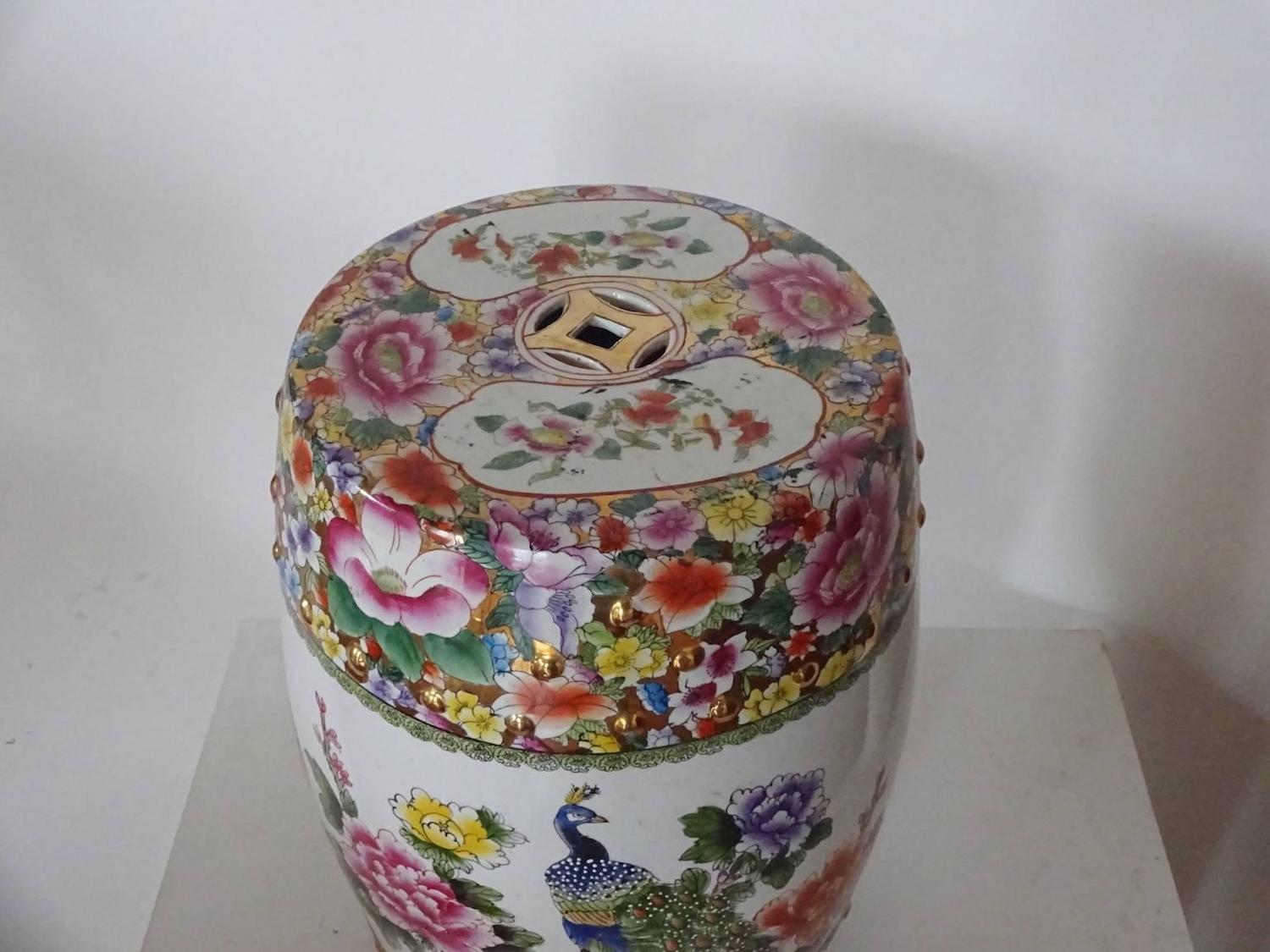 Colorful Chinese Porcelain Garden Seat with Peacock For Sale at 1stdibs