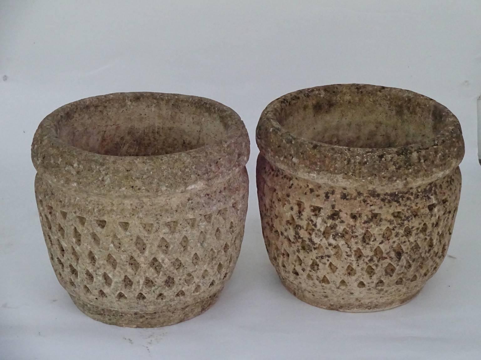Pair of English Cast Stone Honeycomb Pattern Garden Urns 1