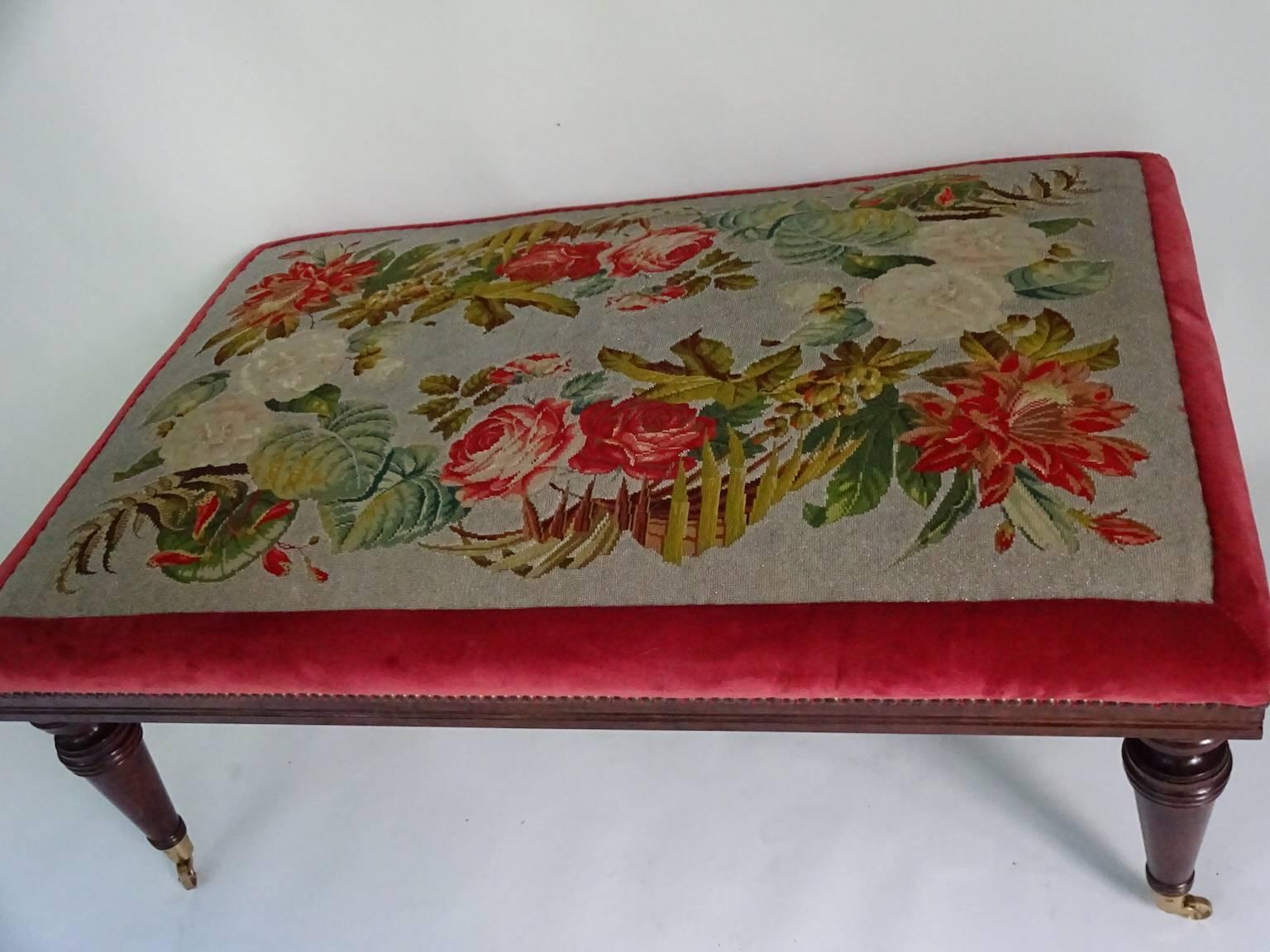 Textile Victorian Mahogany Bench with Beadwork Needlepoint Seat
