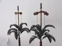 Palm Tree-Form Pair of Tole Peinte and Wood Lamps