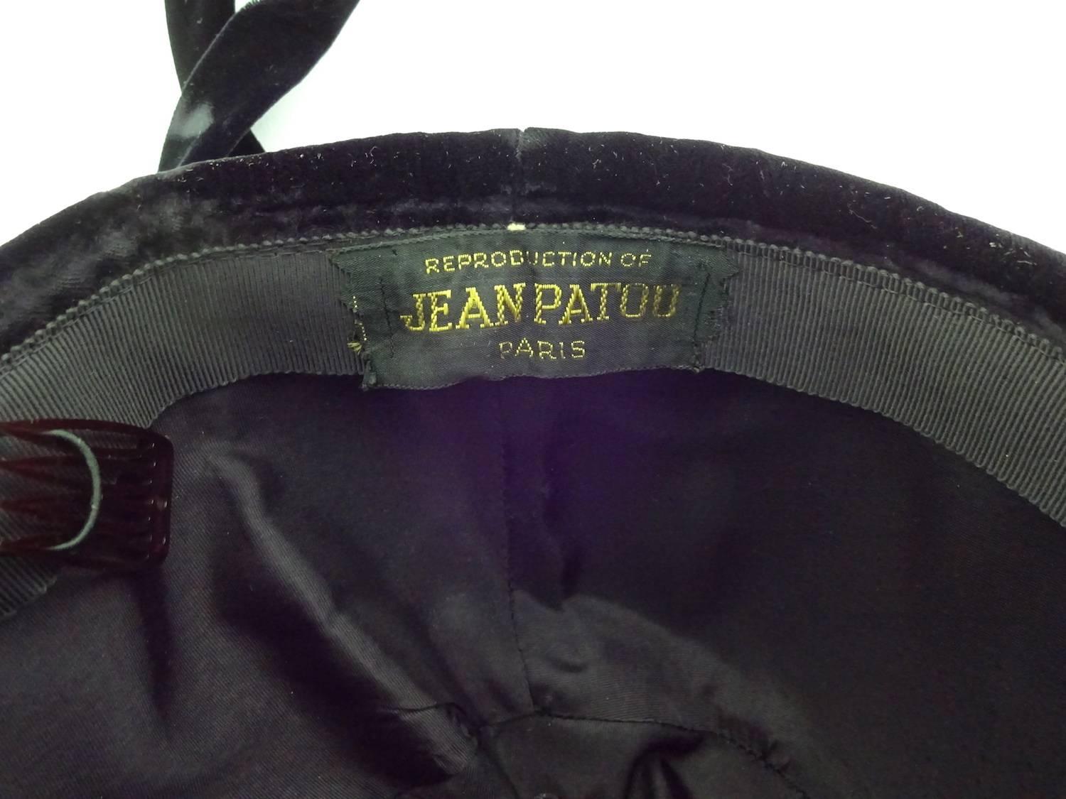 French Jean Patou Velvet Toque with Marabou Feather Tassels For Sale