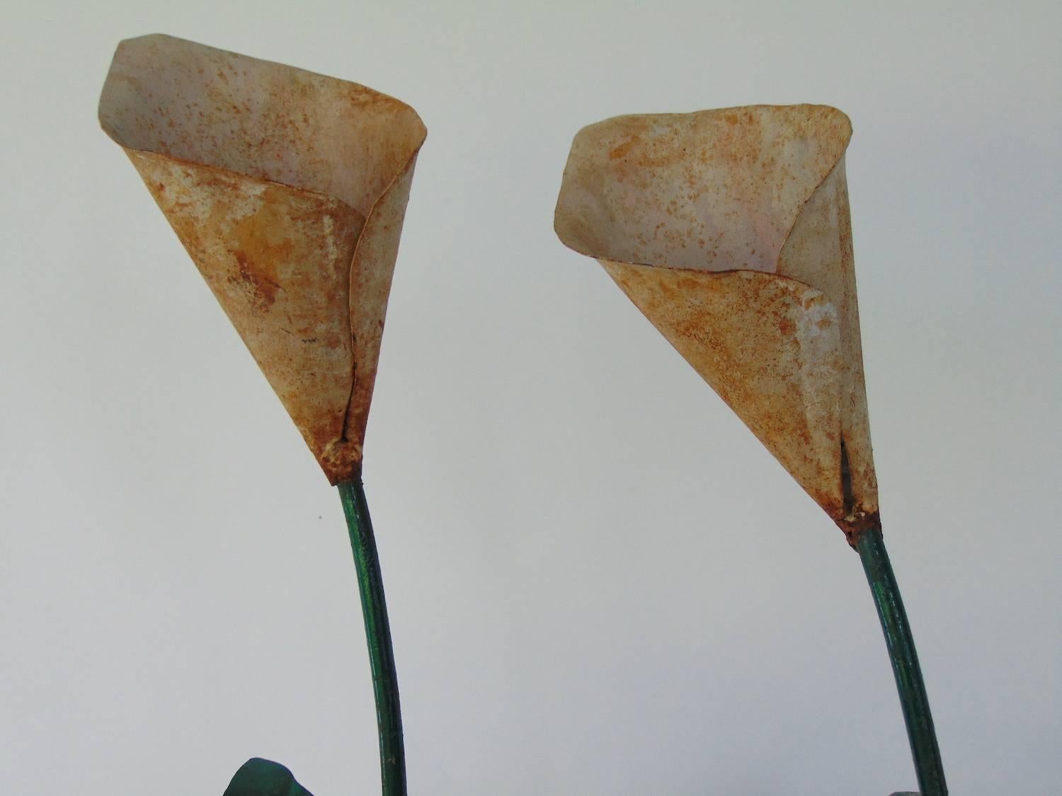 Unknown Pair of Decorative Tole Peint Calla Lilies in Concrete Faux Bois Jardinières