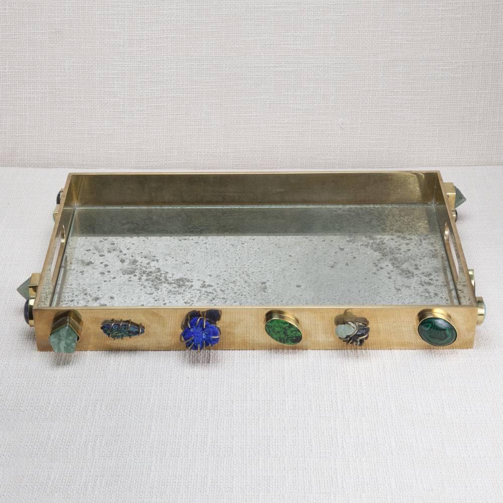 This super luxe natural bronze tray is adorned with hand–set semi-precious stones, including white and black Jasper and Pyrite. The stones are sourced from around the world and placed by Kelly to create a timeless design that expresses your unique