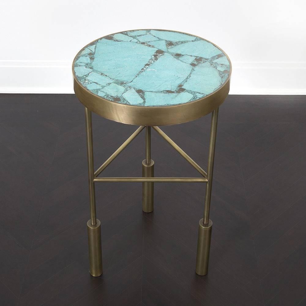 The Sedona Side Table features an array of inset and polished semi-precious stones such as Rhodochrosite with Rose Quartz, and Mica Slate with Turquoise in a burnished brass frame. This item is handcrafted in our Los Angeles workshop. Each piece is