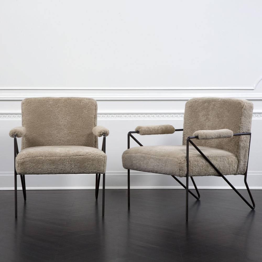 This casual yet elegant club chair features a linear frame of cold-rolled stainless steel set on hair pin rear legs. The seat and back, in supple shearling, offer a relaxed upright seating position making this a perfect occasional or library chair.