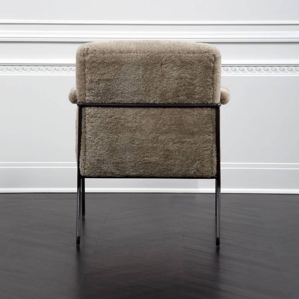 Modern Kelly Wearstler Emmett Lounge Chair w/ Stainless Steel Hair Pin Legs, Shearling