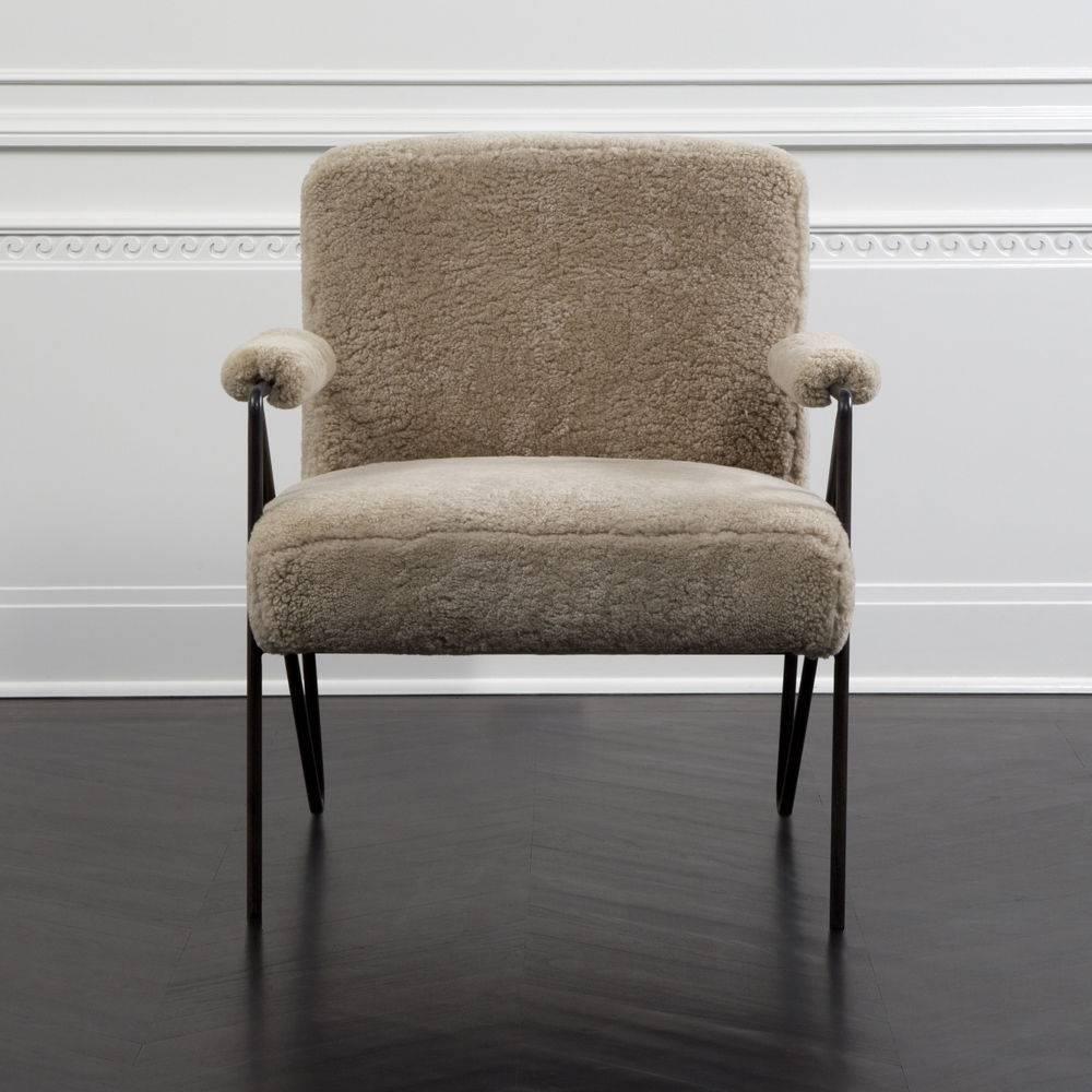 American Kelly Wearstler Emmett Lounge Chair w/ Stainless Steel Hair Pin Legs, Shearling