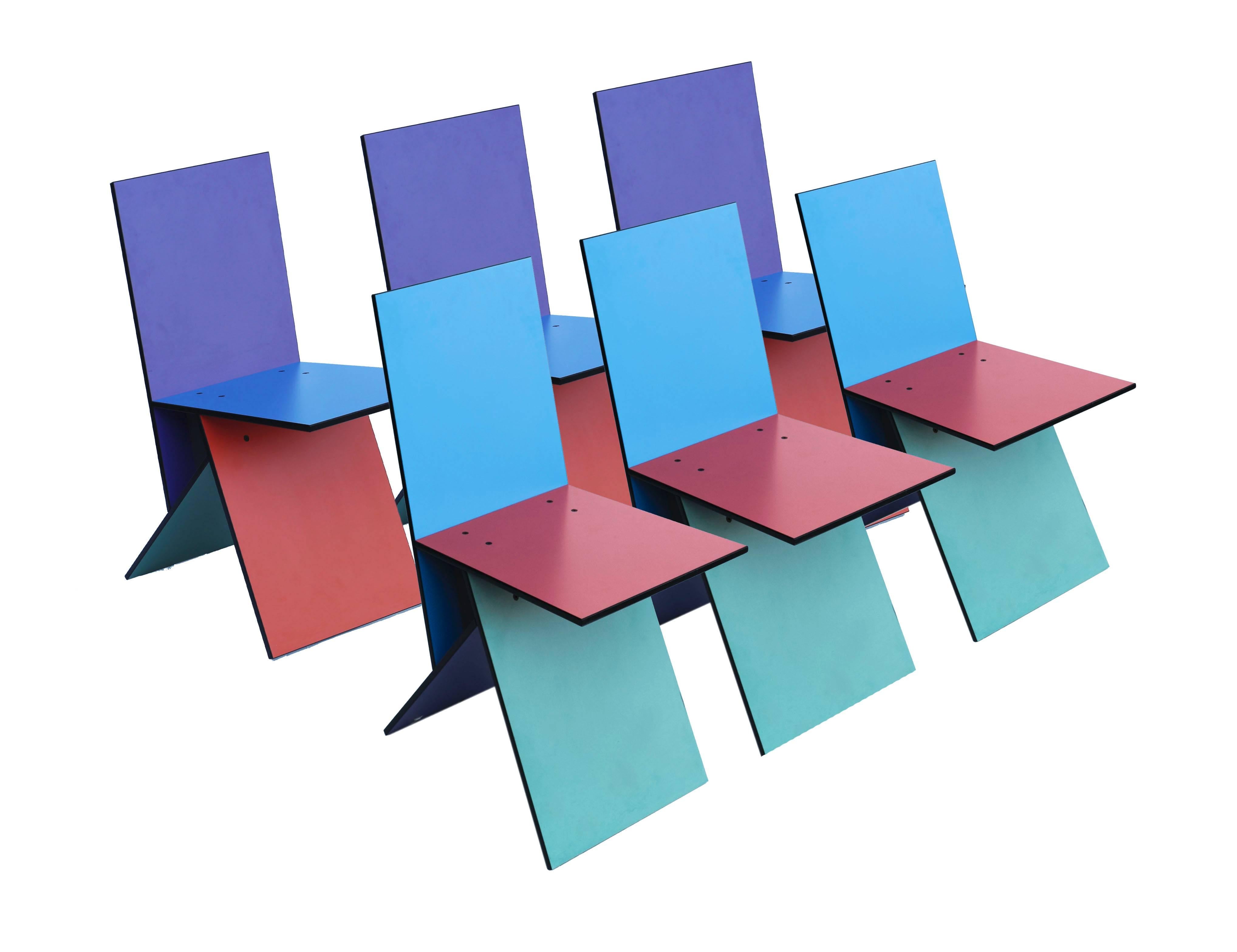 Set of six rare Vilbert chairs designed in 1993 by Verner Panton for Ikea. Only about 4,000 of these chairs were manufactured in a limited run. This was one of his final designs.

These chairs consist of four multicolored melamine coated MDF