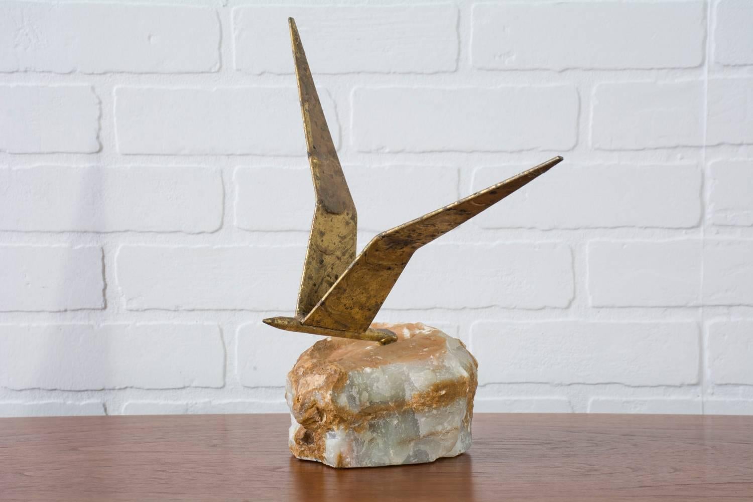 Mid-Century Modern Vintage Bird in Flight Sculpture on White Onyx Stone by Curtis Jere