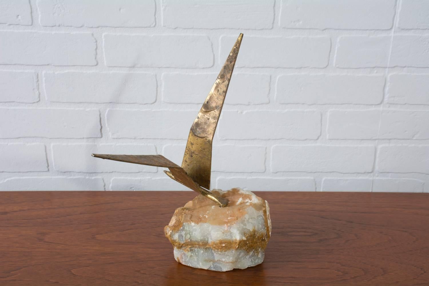 Vintage Bird in Flight Sculpture on White Onyx Stone by Curtis Jere In Good Condition In San Francisco, CA
