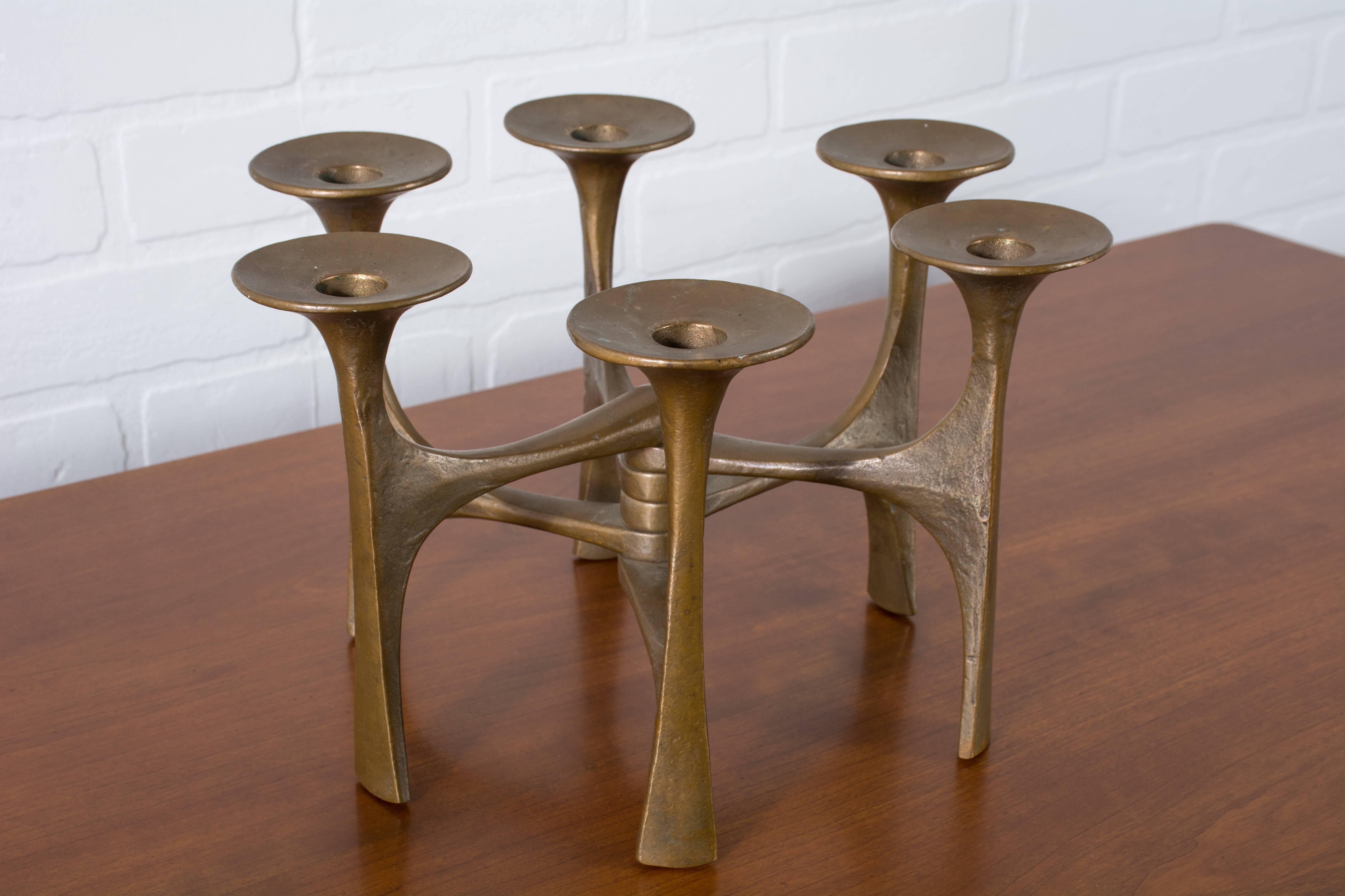 This vintage Mid-Century cast bronze candle holder was designed by Michael Harjes (1926-2006) for Harjes-Metallkunst, Germany, circa 1960s. Holds six candles. Marked with maker's stamp on one of the arms.