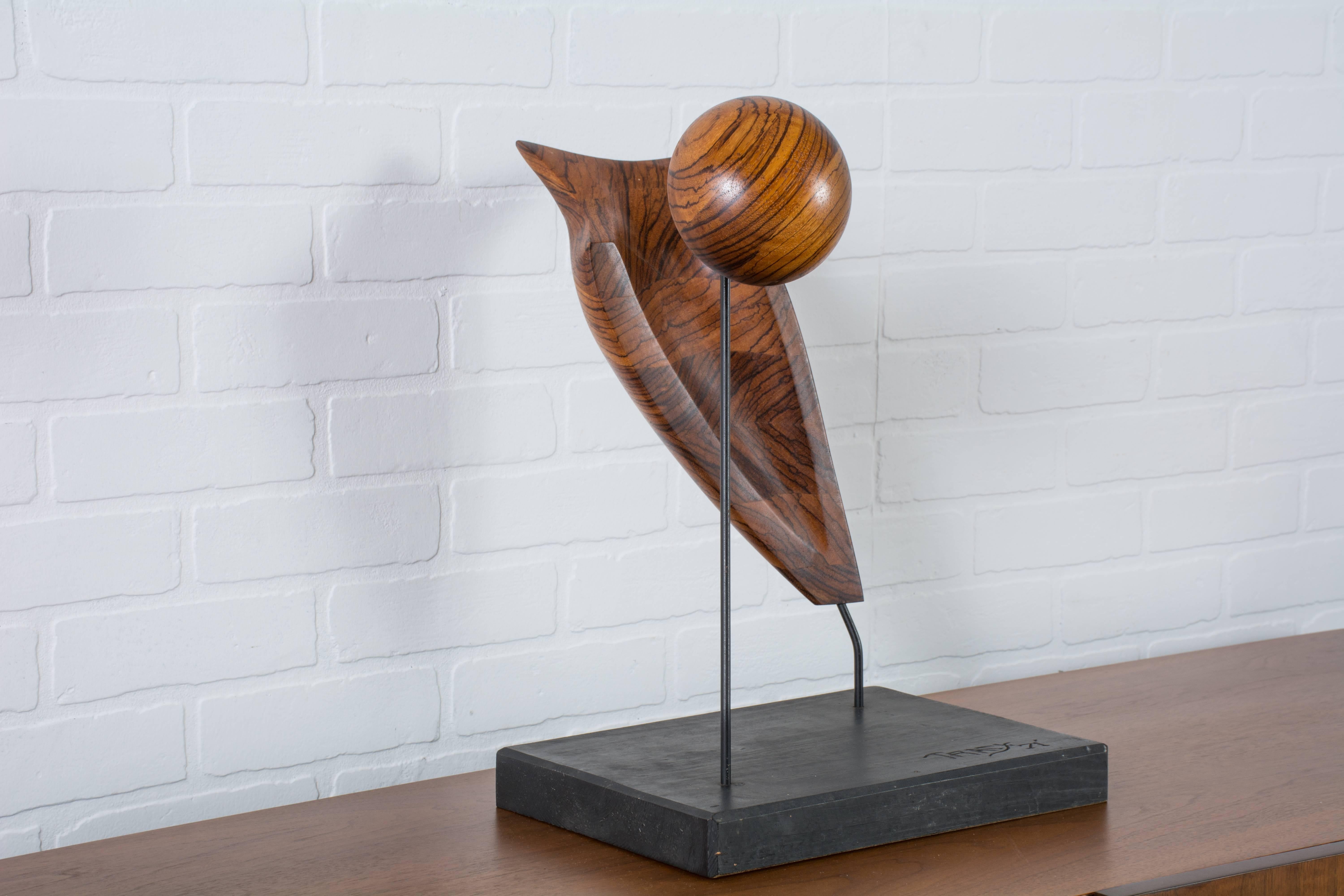 Mid-Century Modern Abstract Wood Sculpture Signed Tracy, 1971