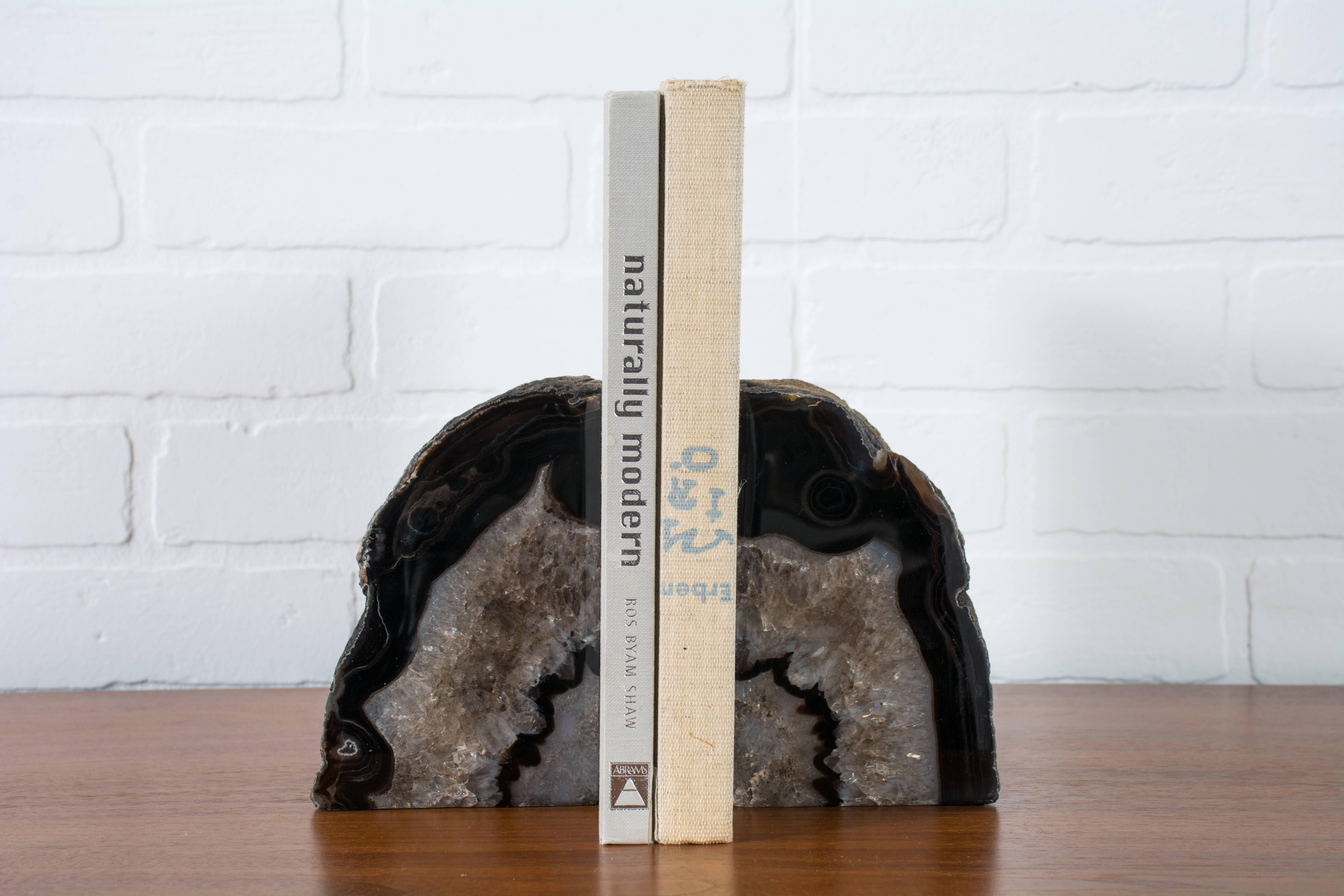 These vintage agate bookends have different shades of black, brown and white.