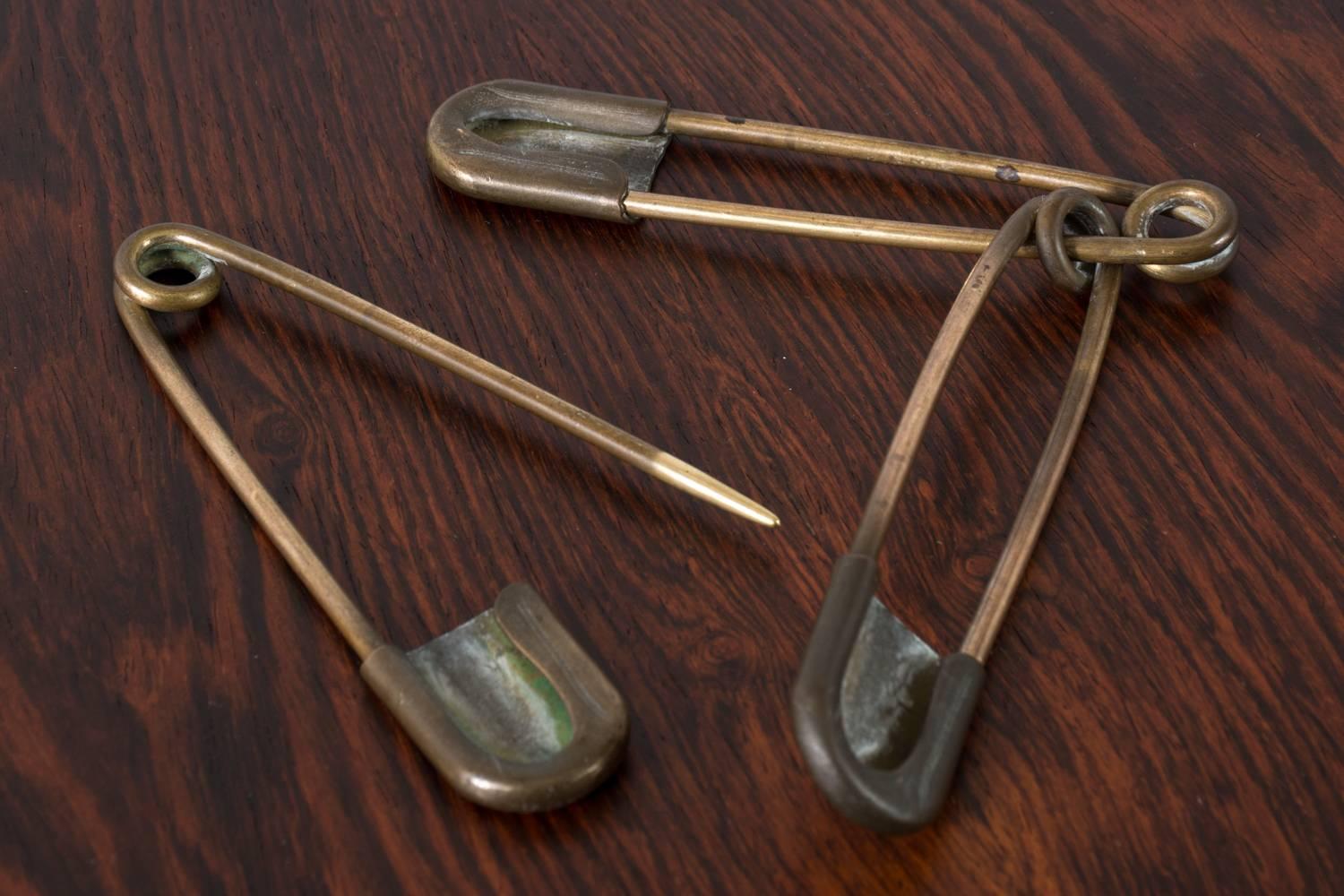 Industrial Set of Three Large Vintage Brass Safety Pins