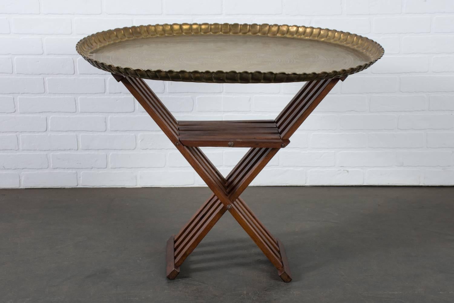 Moorish Brass Tray Table with Rosewood Slat Base, Morroco, 1960s