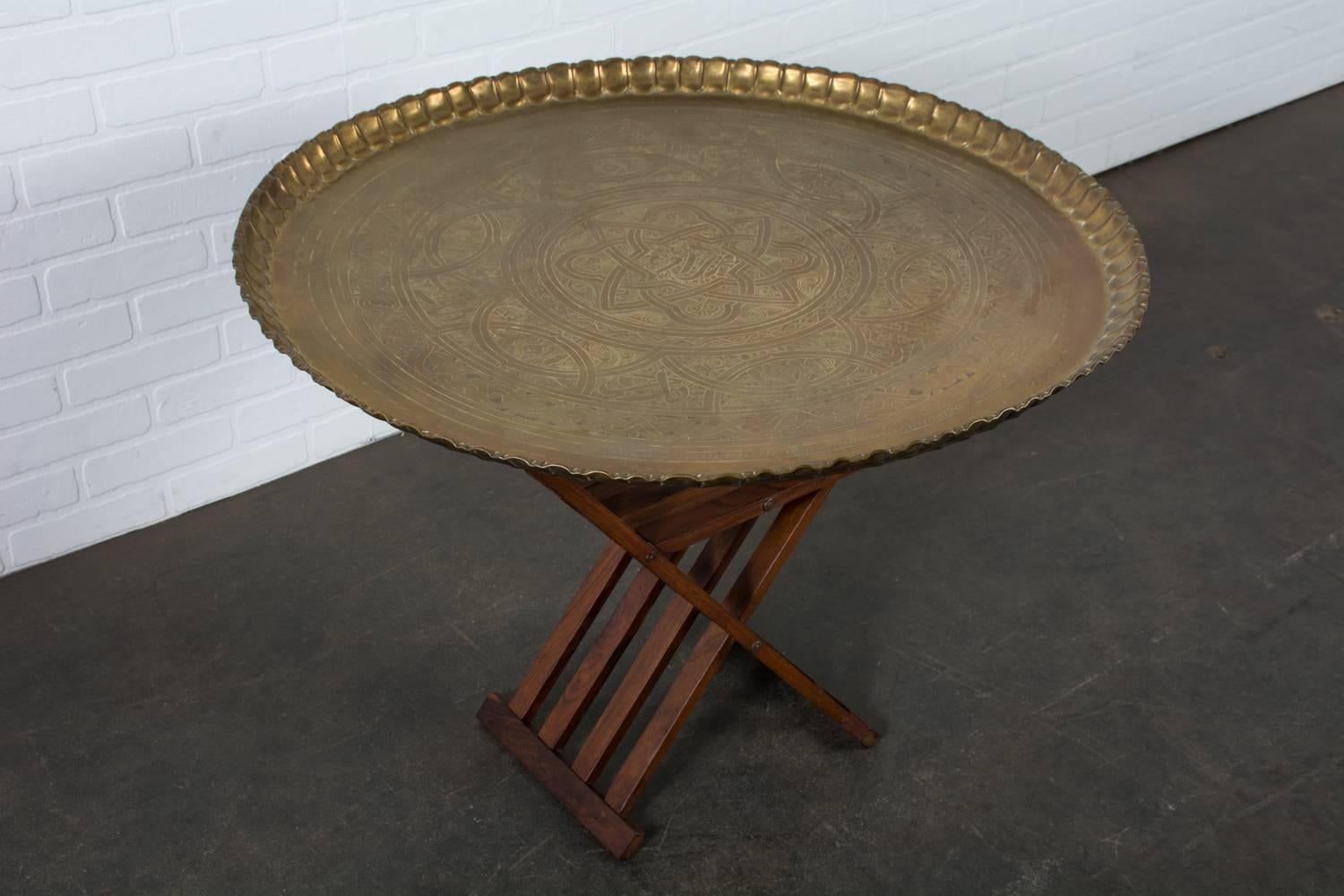 Moroccan Brass Tray Table with Rosewood Slat Base, Morroco, 1960s