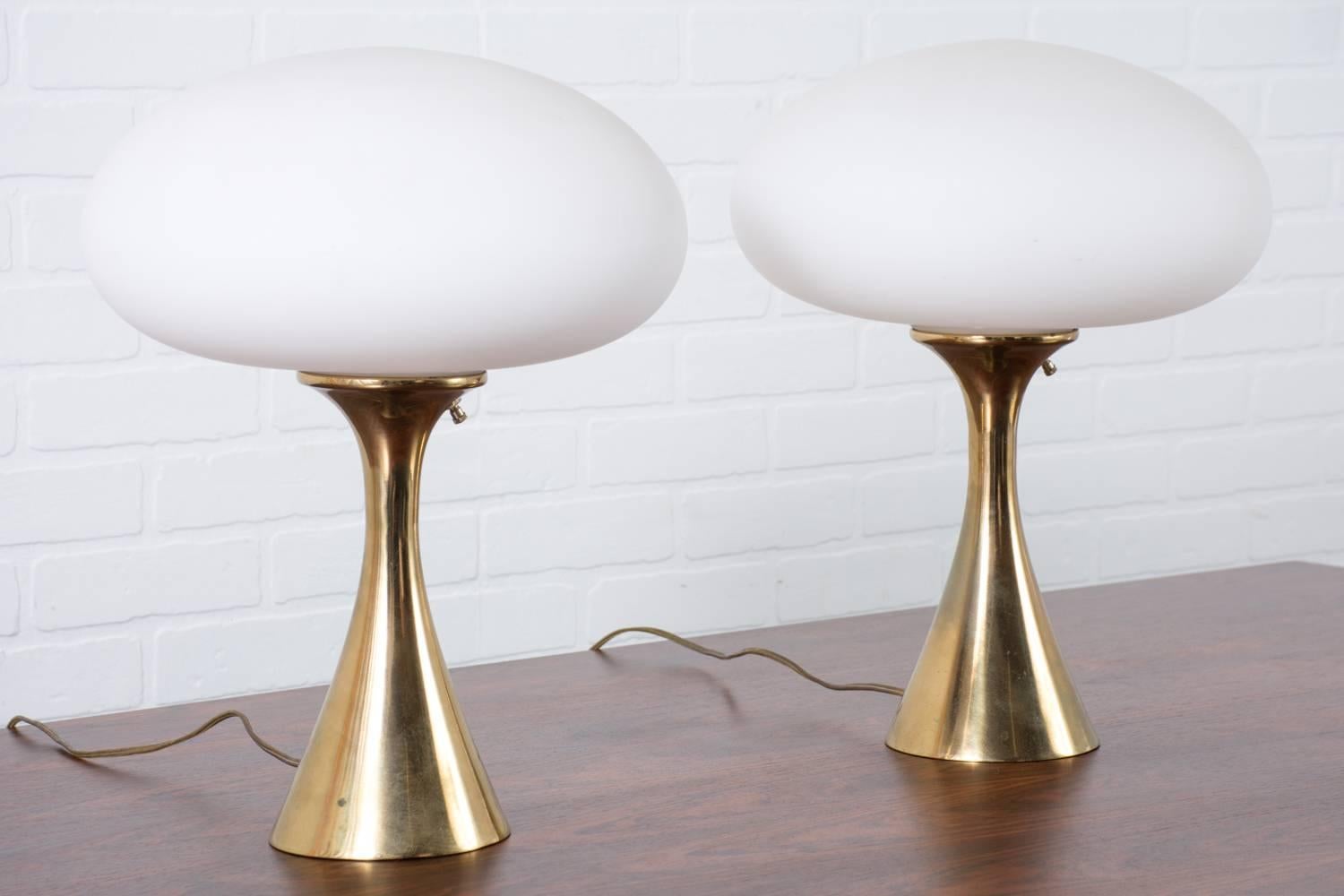 Frosted Laurel Lamp Pair, Mushroom Shade with Brass Base, 1960s