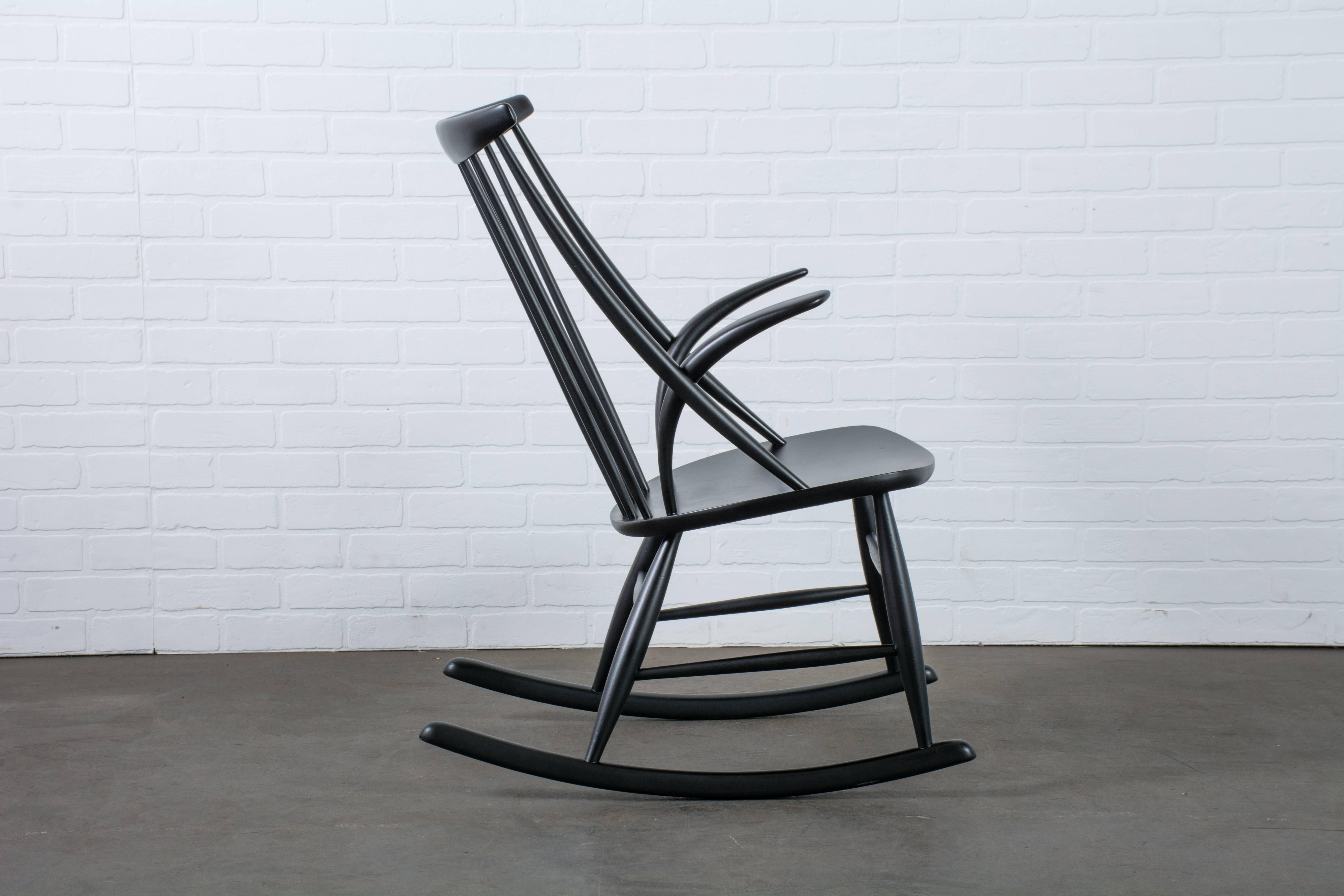 Scandinavian Modern Illum Wikkelso Black Rocking Chair, Denmark, 1950s