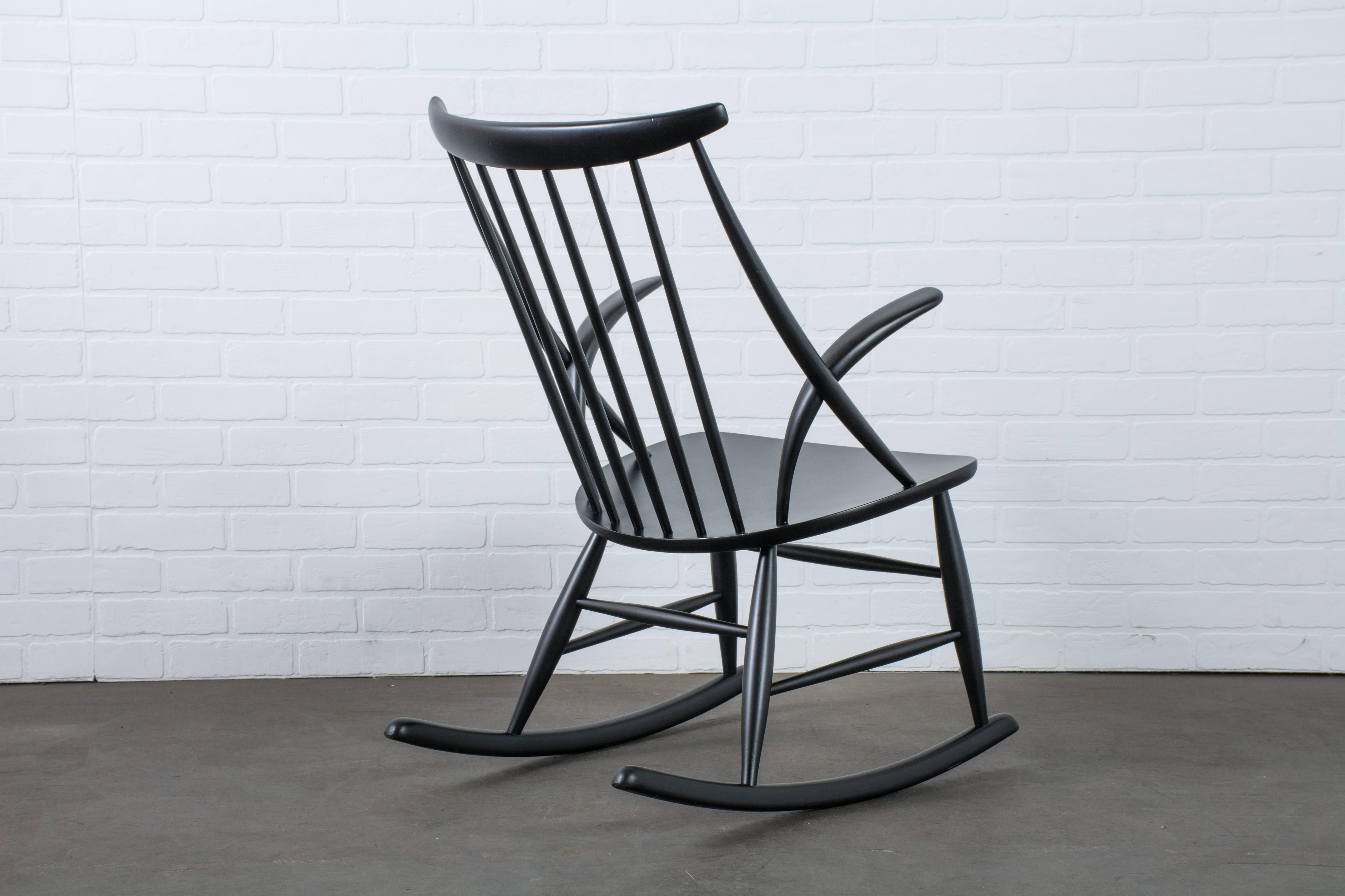 Danish Illum Wikkelso Black Rocking Chair, Denmark, 1950s