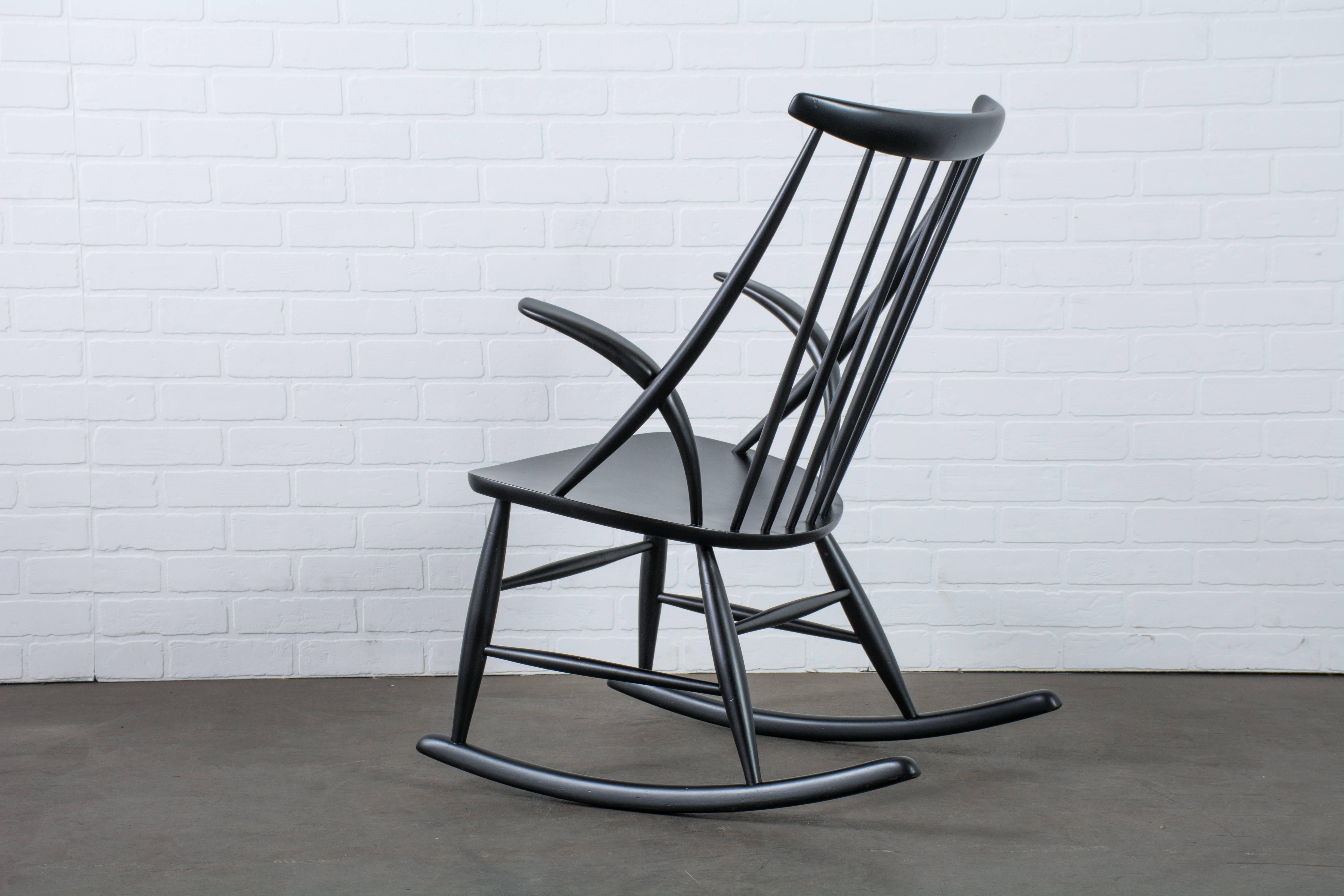 Illum Wikkelso Black Rocking Chair, Denmark, 1950s In Good Condition In San Francisco, CA