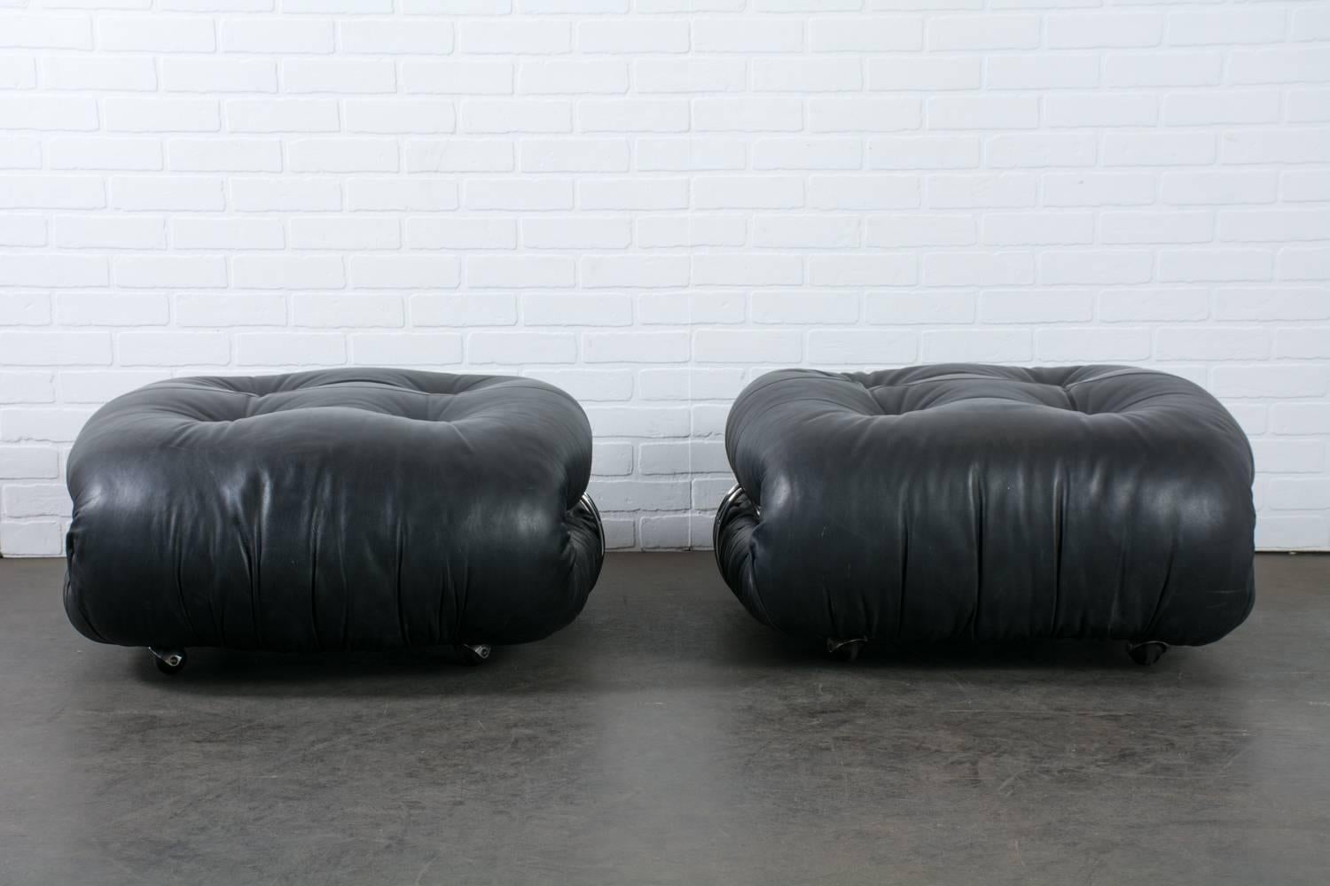 Mid-Century Modern Afra and Tobia Scarpa for Cassina Black Leather Ottomans, Italy, 1970's
