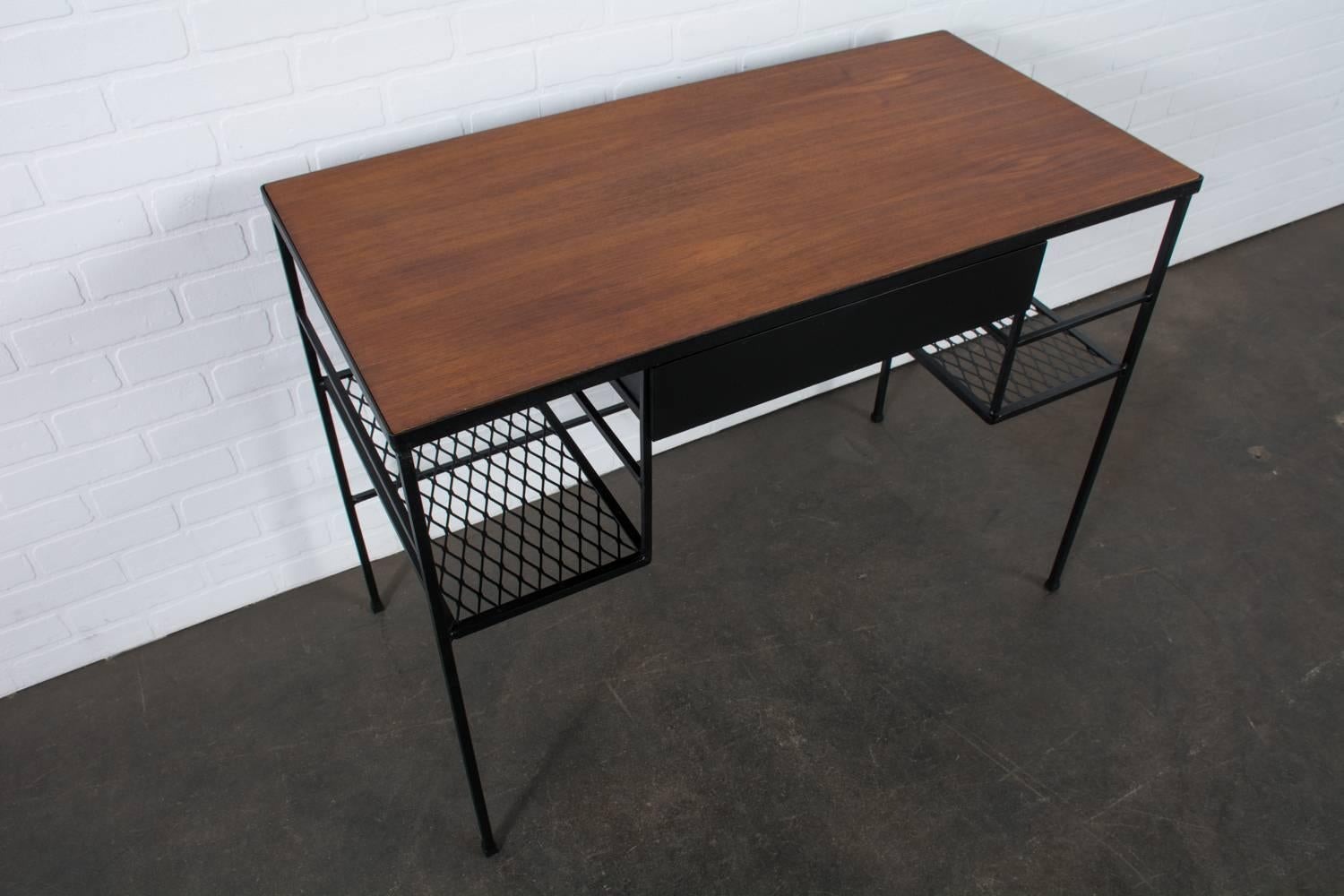 20th Century Arbuck  Walnut and Wrought Iron Desk and Chair Set, 1950s For Sale
