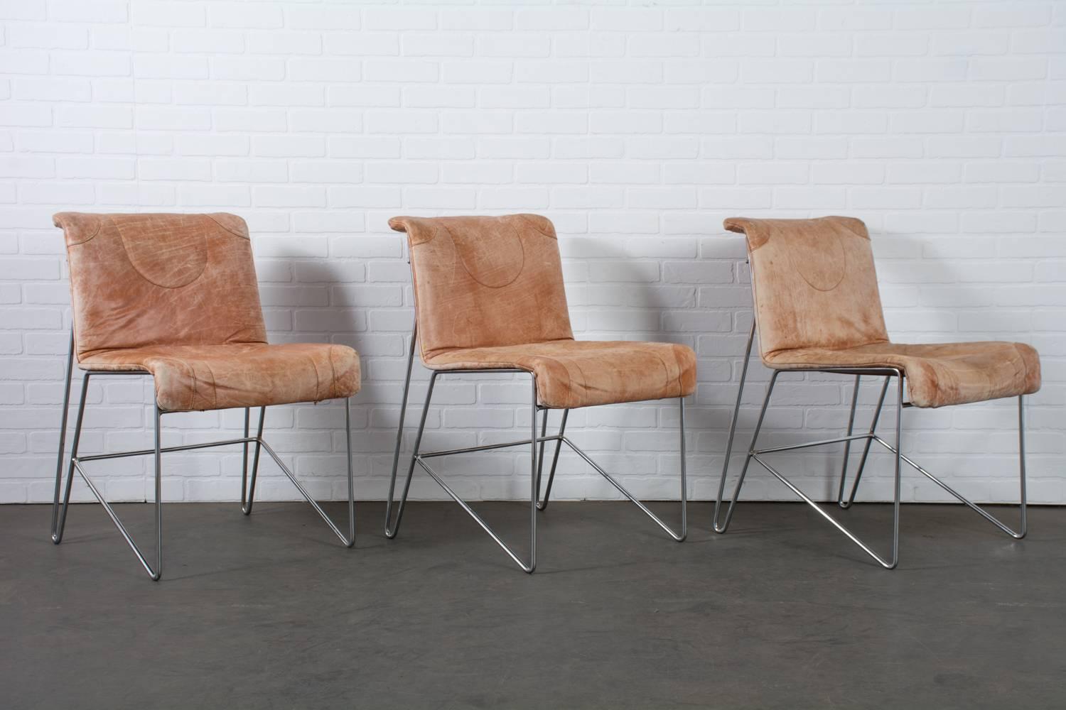 Italian i4 Mariani Set of Six Leather and Chrome Dining Chairs, Italy, 1970s For Sale