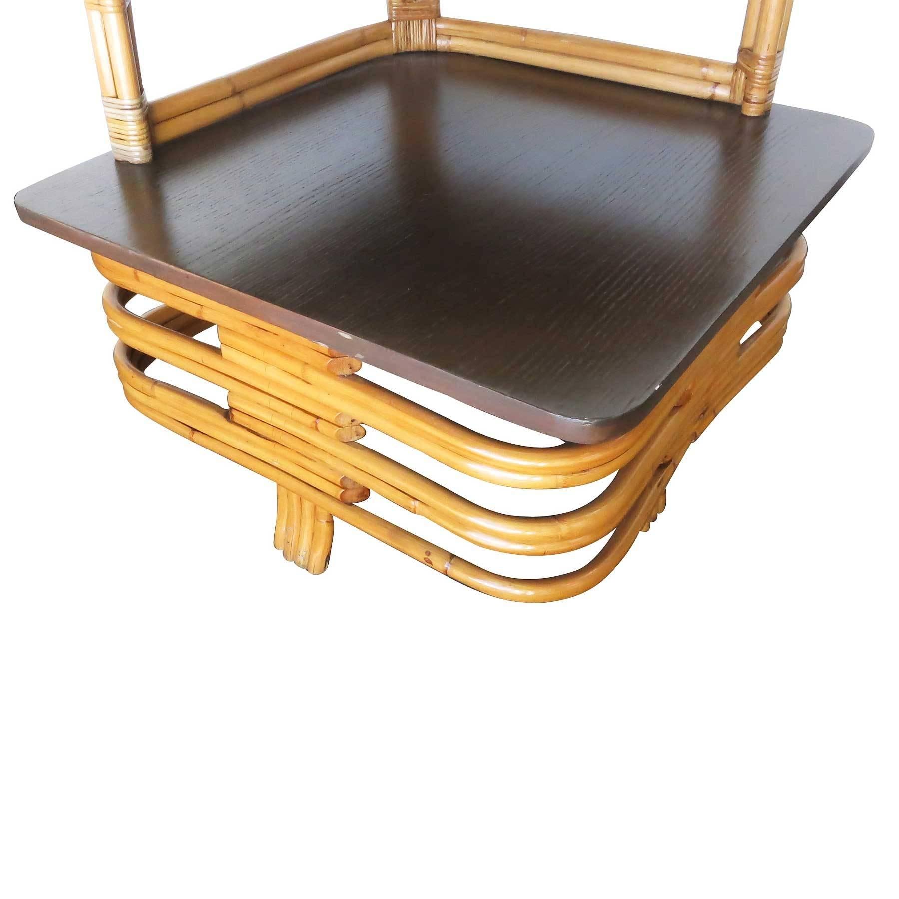 American Restore Corner Side Table Stacked Rattan Two-Tier w/ Mahogany Top and Legs