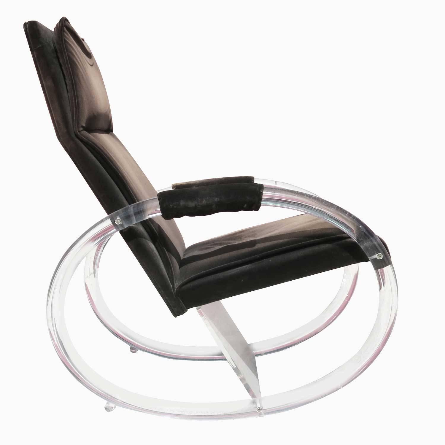 Lucite rocking chair by designer Charles Hollis Jones, upholstered in a chocolate velvet fabric with sculptural oval arms and Lucite base. The chair features an almost floating quality in the right light. 

Signed Charles Hollis