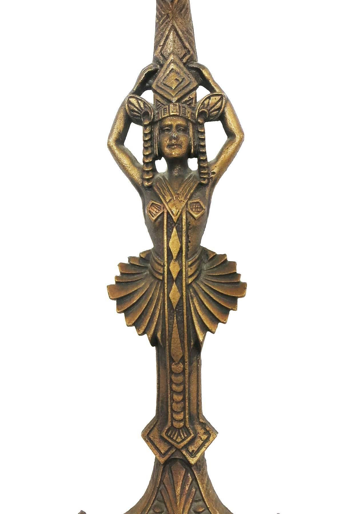 Egyptian Revival Art Deco Fireplace Andirons by Universal Electric Log Co In Excellent Condition In Van Nuys, CA