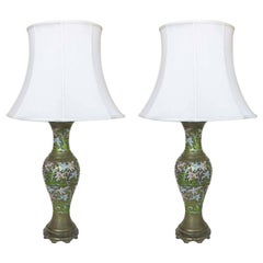 Pair of Chinese Enameled Brass Champlevé Lamp