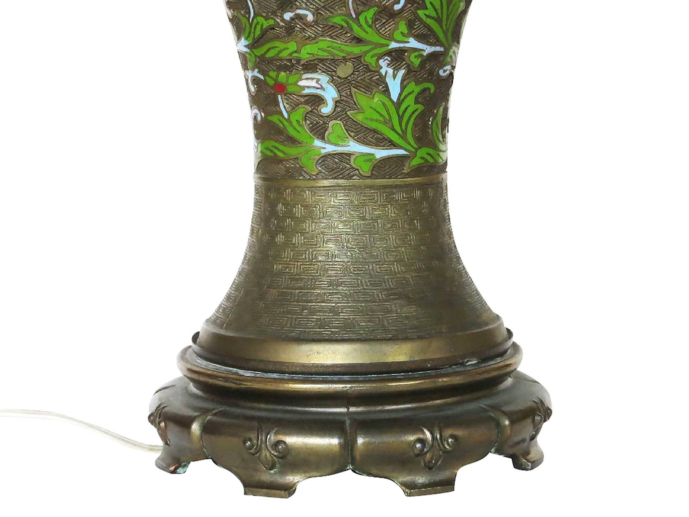 Pair of Chinese Enameled Brass Champlevé Lamp 2