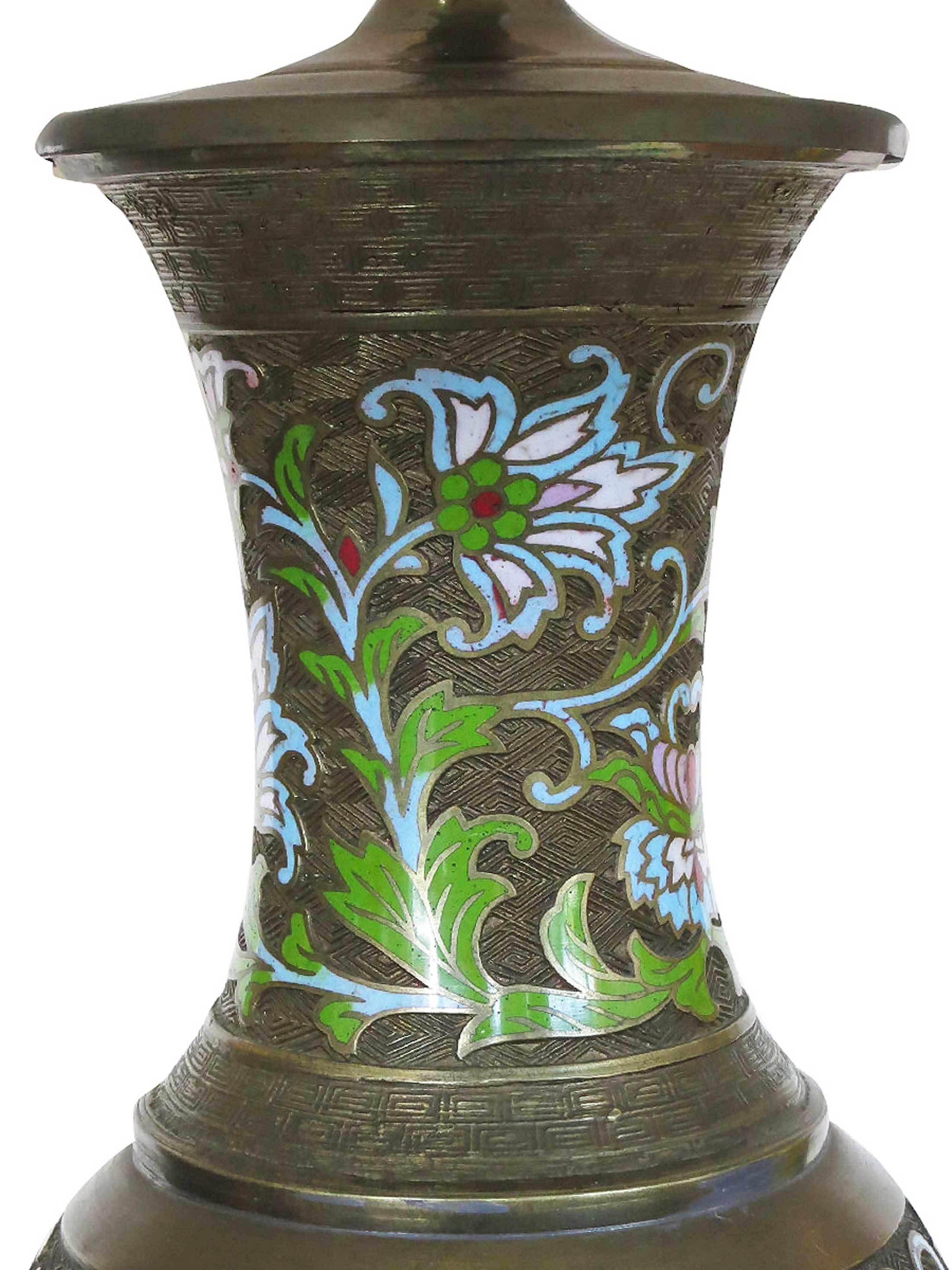 Mid-20th Century Pair of Chinese Enameled Brass Champlevé Lamp