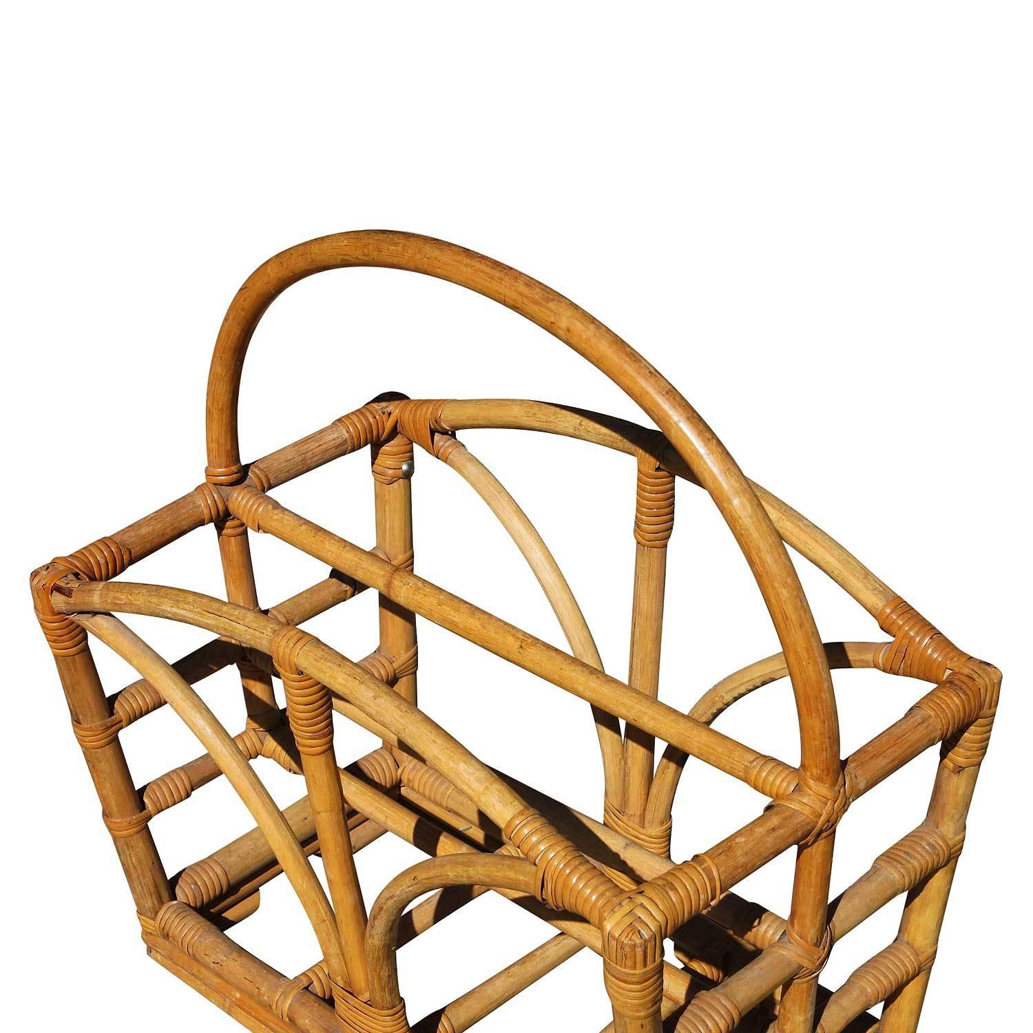 American Restored Rattan Magazine Rack with Stacked Base, circa 1950