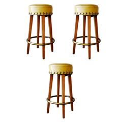 Mid Century Yellow Bar Stools with Round Footrest, Set of Three